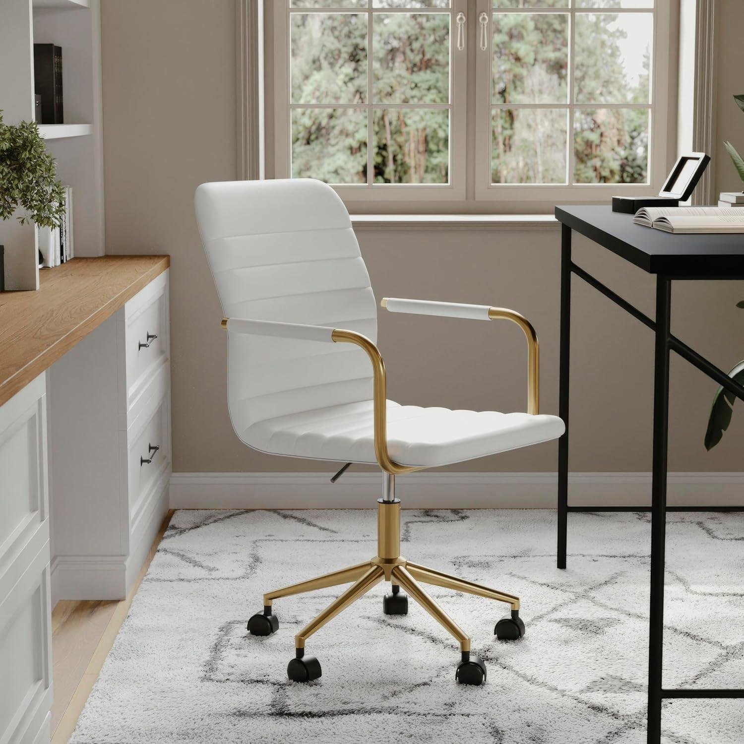 imageMartha Stewart Taytum Swivel Task Chair with Armrests for Home Office in White Faux Leather with Polished Brass FrameWhite Faux LeatherPolished Brass