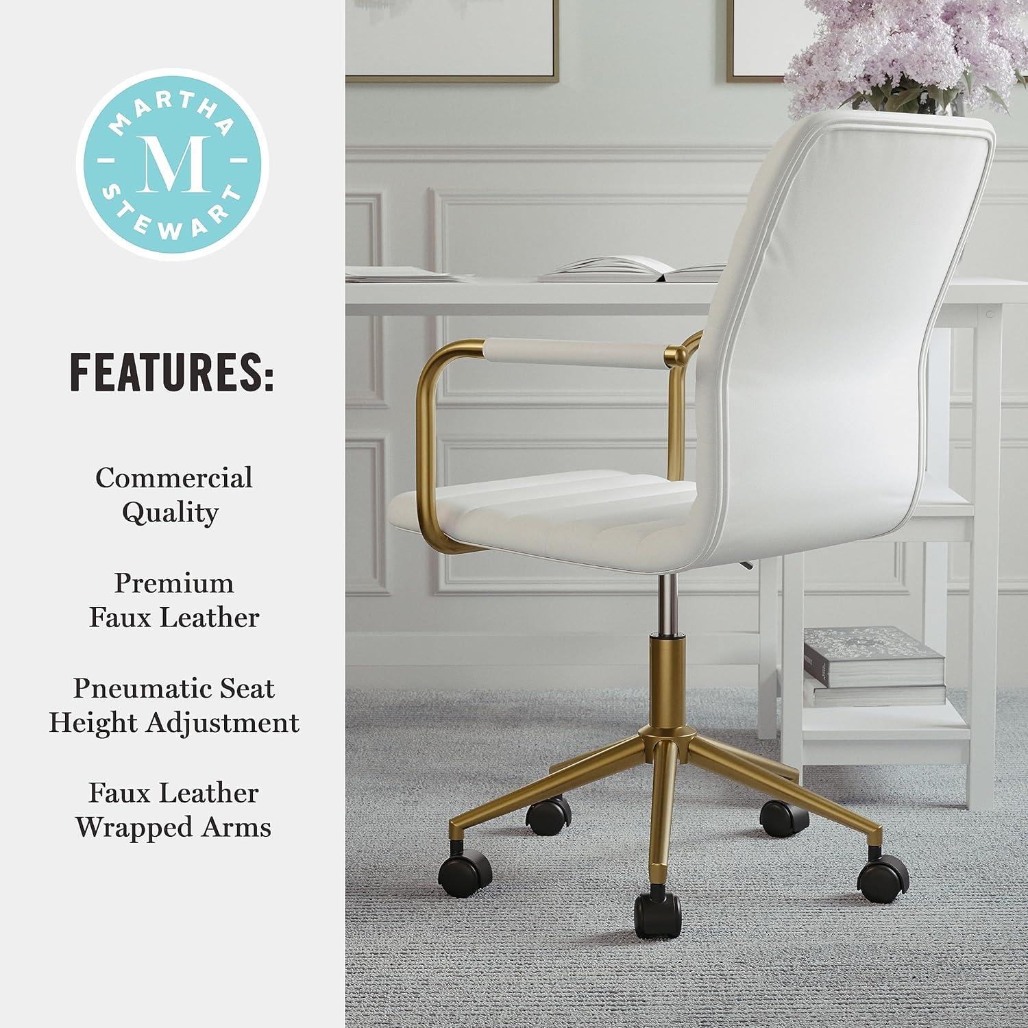 imageMartha Stewart Taytum Swivel Task Chair with Armrests for Home Office in White Faux Leather with Polished Brass FrameWhite Faux LeatherPolished Brass