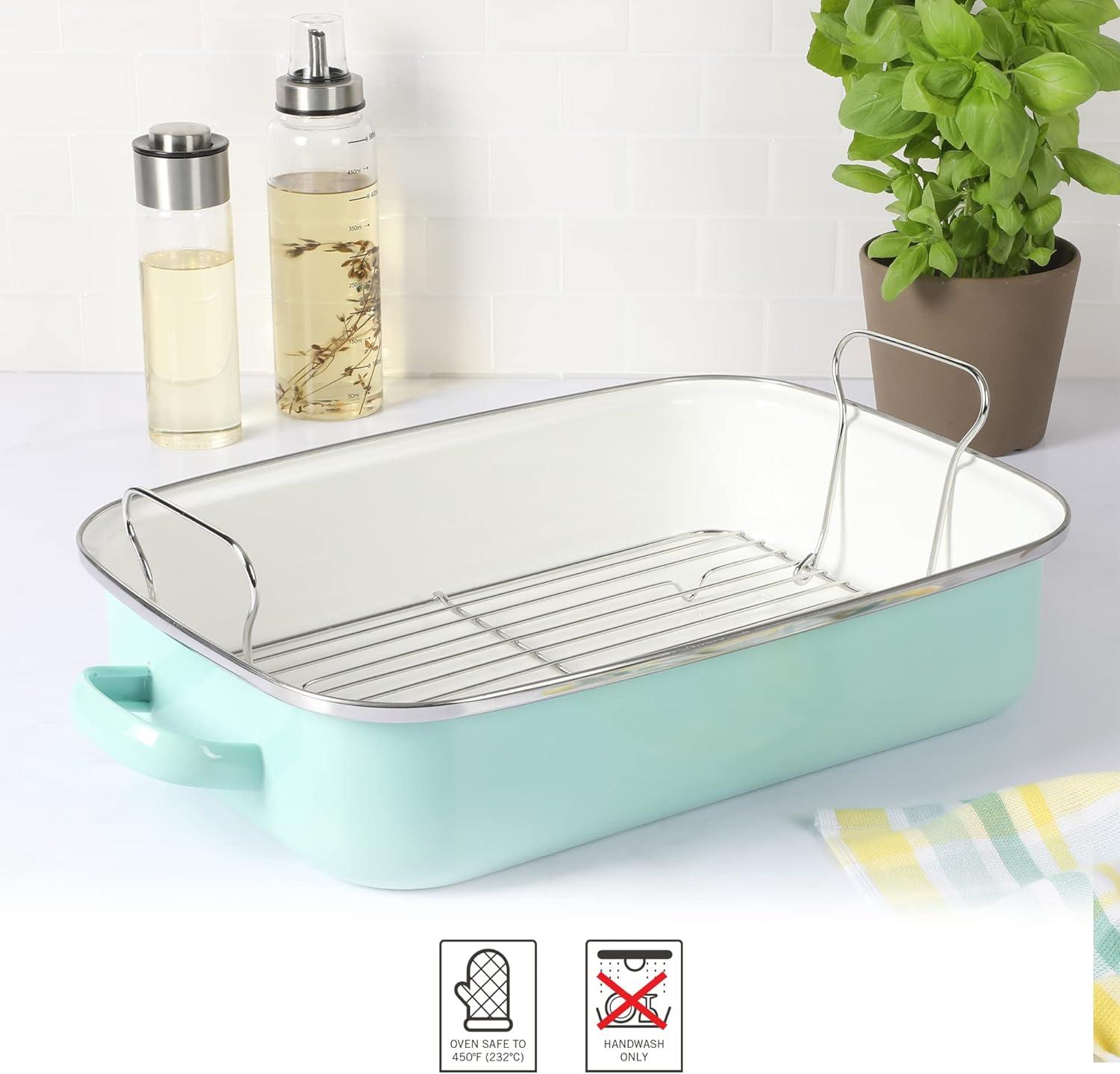 imageMartha Stewart Thayer 16quot Enamel On Steel Roaster Pan wStainless Steel Rack Martha BlueMartha Blue