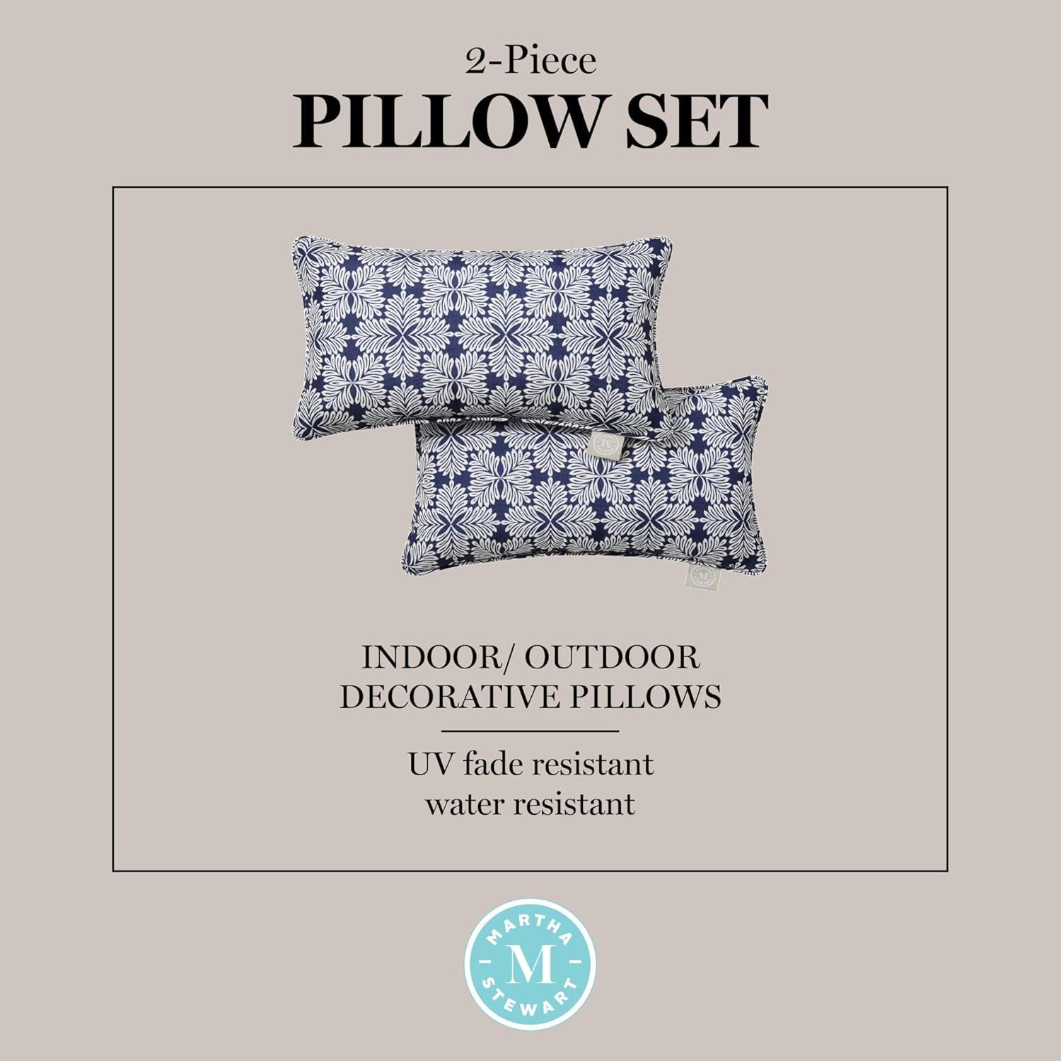 imageMartha Stewart Tulum Indoor Outdoor Decorative Lumbar Pillow 2Pack Set UV Fade Resistant Water Repellent Printed Modern Design Navy Blue 11quotx18quotNavy Blue