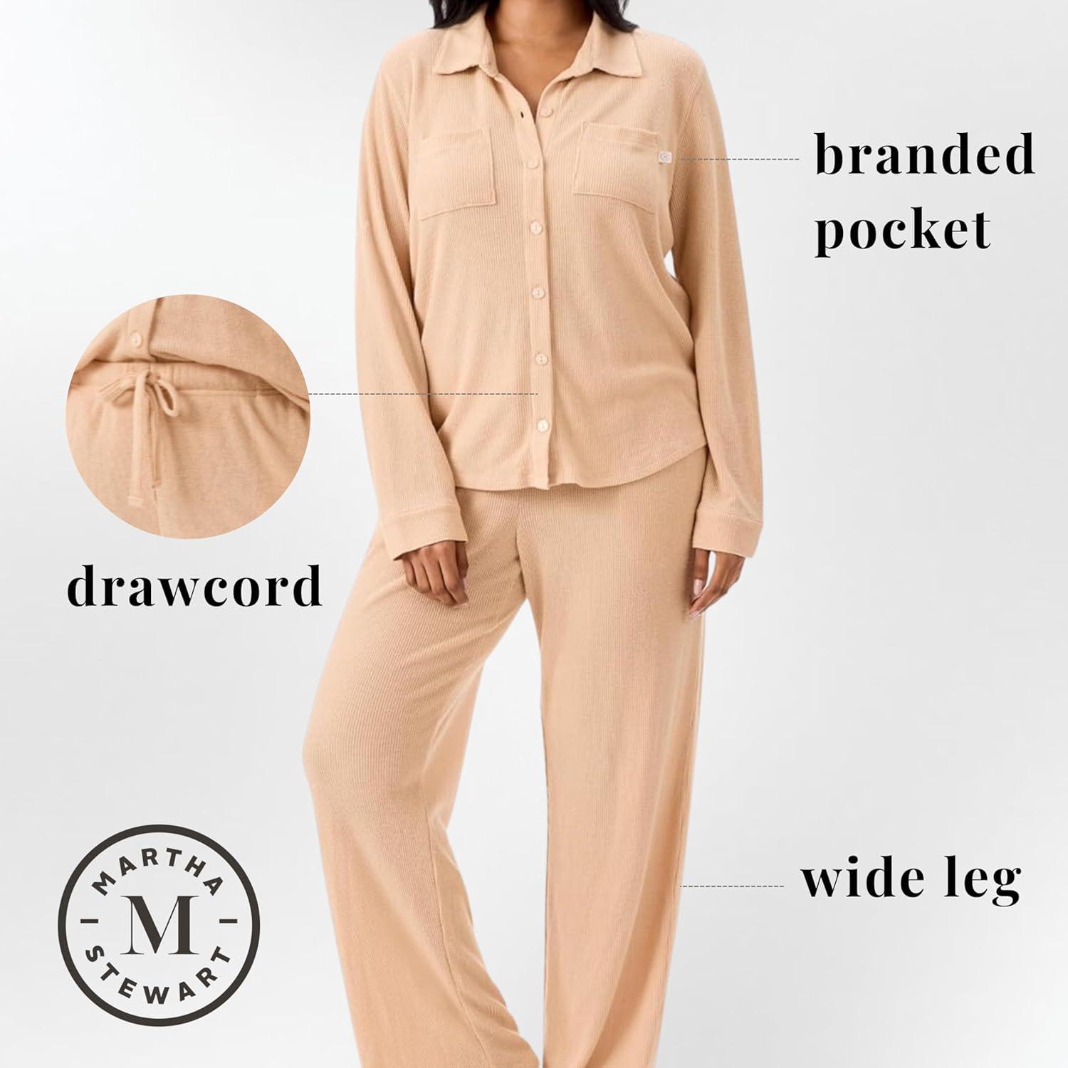 imageMartha Stewart Waffle 2Piece Notch Collar Long Sleeve Button Down Pajama Set for Women