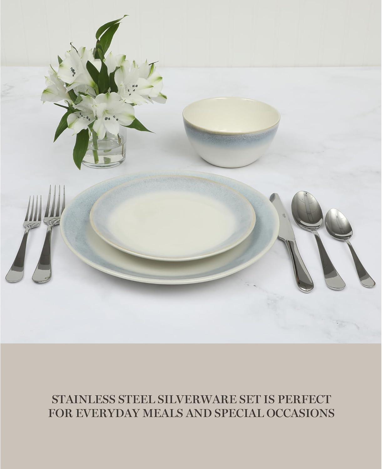 imageMartha Stewart Watercliffe 16 pc Flatware Set Stainless Steel wABS Handle Warm GreyAlness Mirror Polish