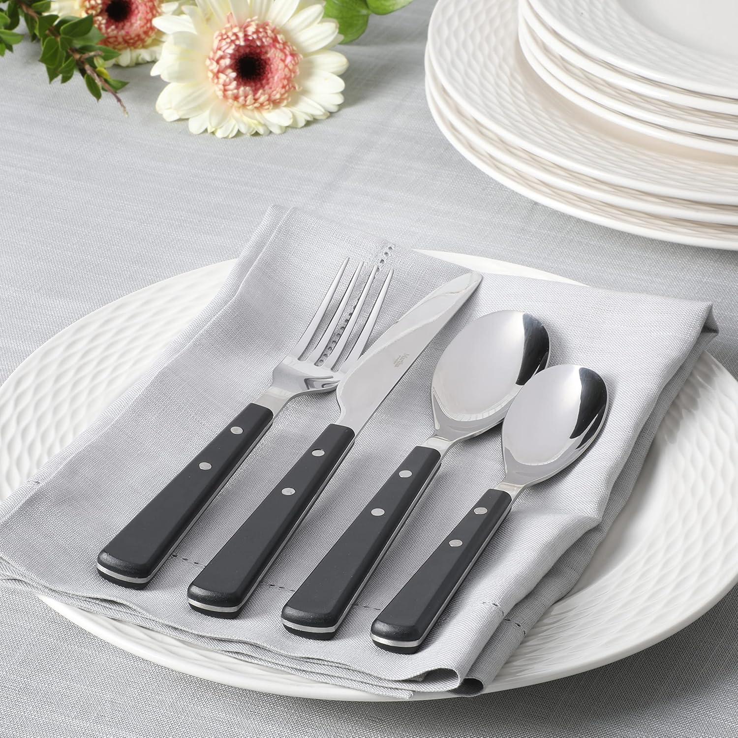 imageMartha Stewart Watercliffe 16 pc Flatware Set Stainless Steel wABS Handle Warm GreyWatercliffe Black