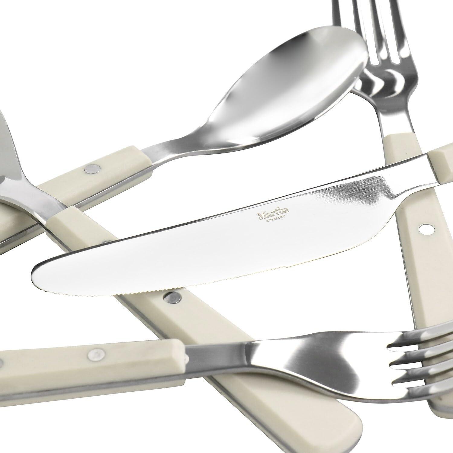 imageMartha Stewart Watercliffe 16 pc Flatware Silverware Set Stainless Steel Utensils Forks Spoons Knives Service for 4 LinenWatercliffe Linen