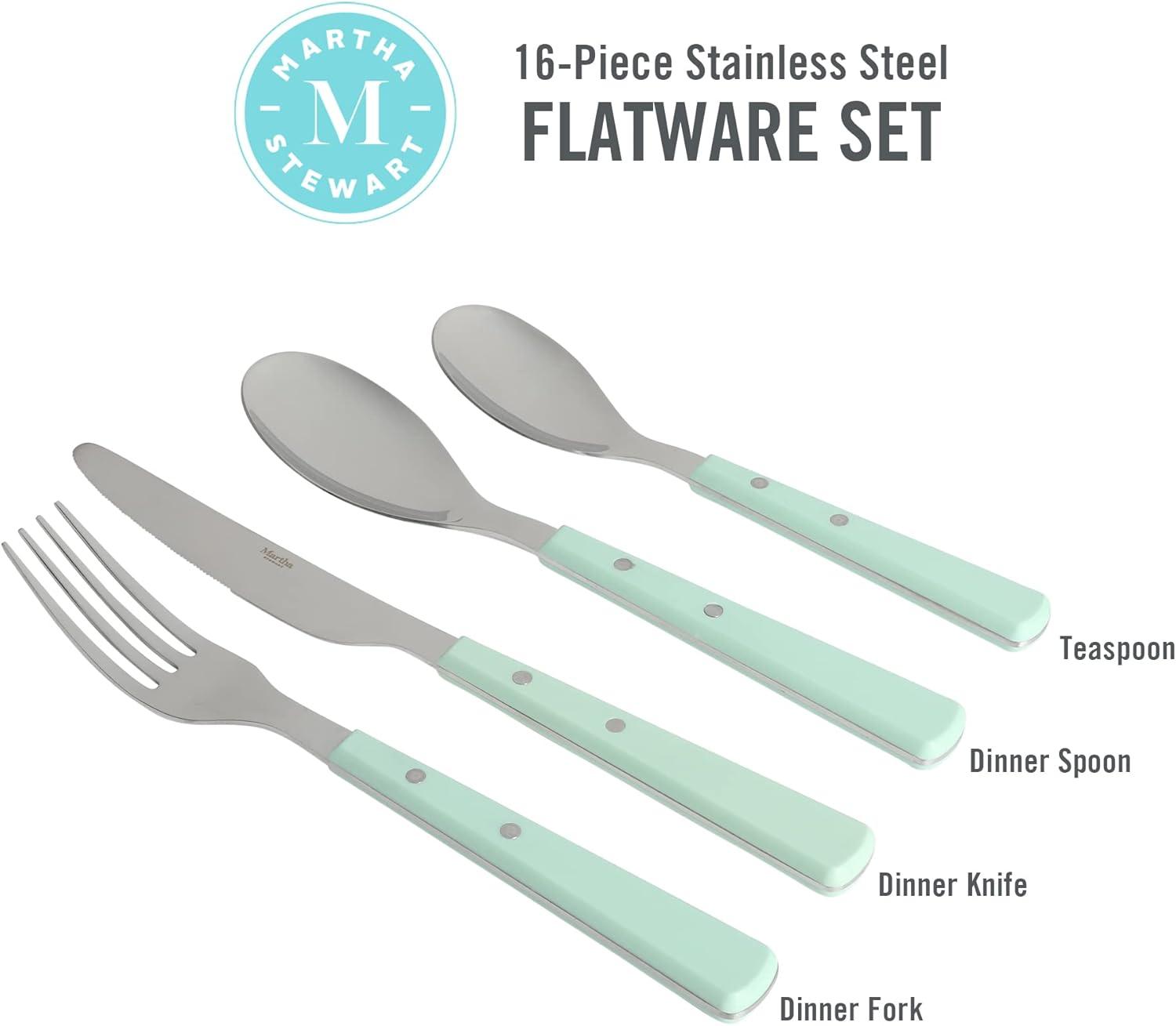 imageMartha Stewart Watercliffe 16 pc Flatware Silverware Set Stainless Steel Utensils Forks Spoons Knives Service for 4 LinenWatercliffe Martha Blue
