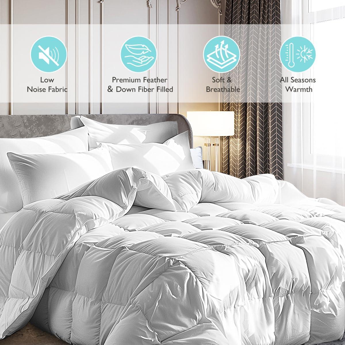 imageMartha Stewart White Goose Feather Down Fiber Comforter Queen Size Lightweight Duvet Insert Noiseless Fabric with 44oz Filled Luxury Cloud Fluffy Bed Comforter with 8Corner Loops White 90x90inchWhiteLightweight