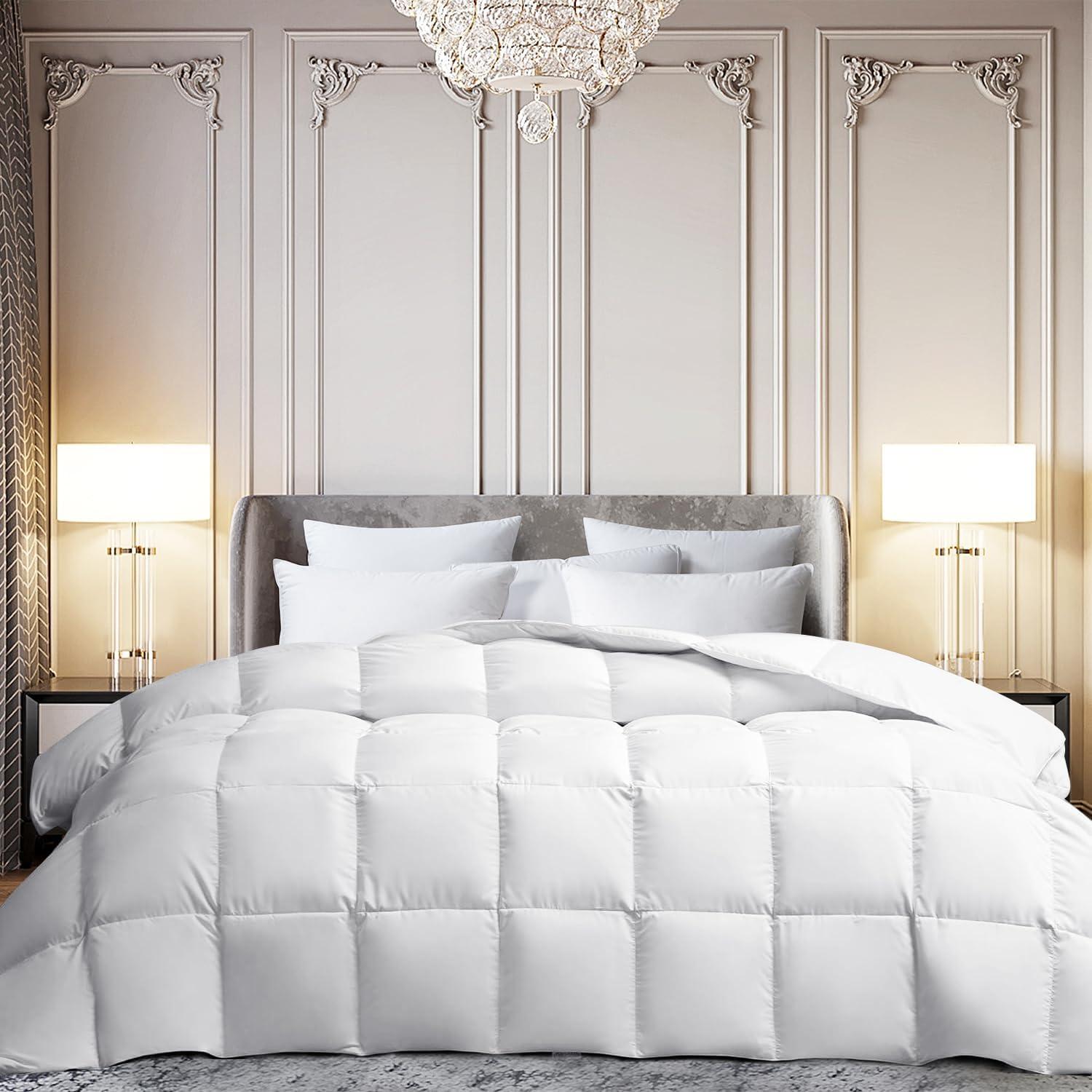imageMartha Stewart White Goose Feather Down Fiber Comforter Queen Size Lightweight Duvet Insert Noiseless Fabric with 44oz Filled Luxury Cloud Fluffy Bed Comforter with 8Corner Loops White 90x90inchWhiteAll Season
