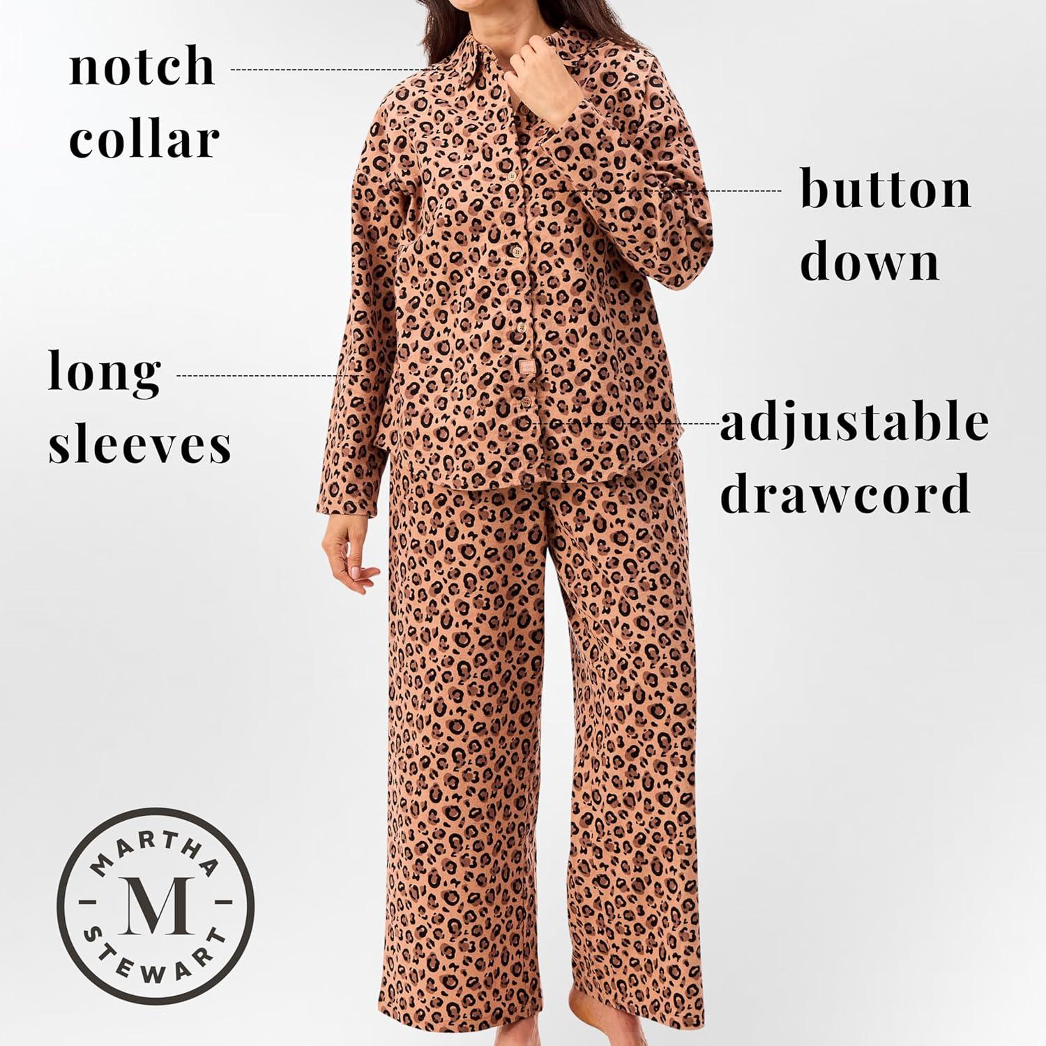 imageMartha Stewart Womens Flannel Pajama Set Classic 2Piece 100 Cotton Sleepwear Long SleeveLeopard