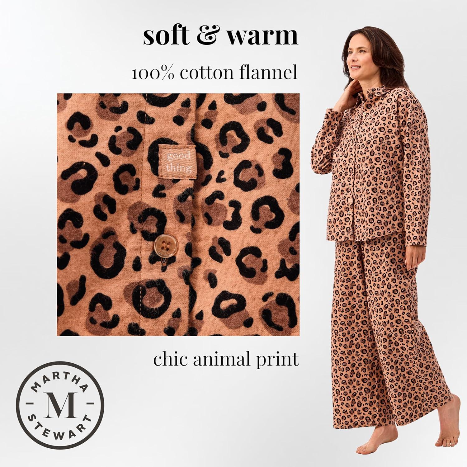 imageMartha Stewart Womens Flannel Pajama Set Classic 2Piece 100 Cotton Sleepwear Long SleeveLeopard