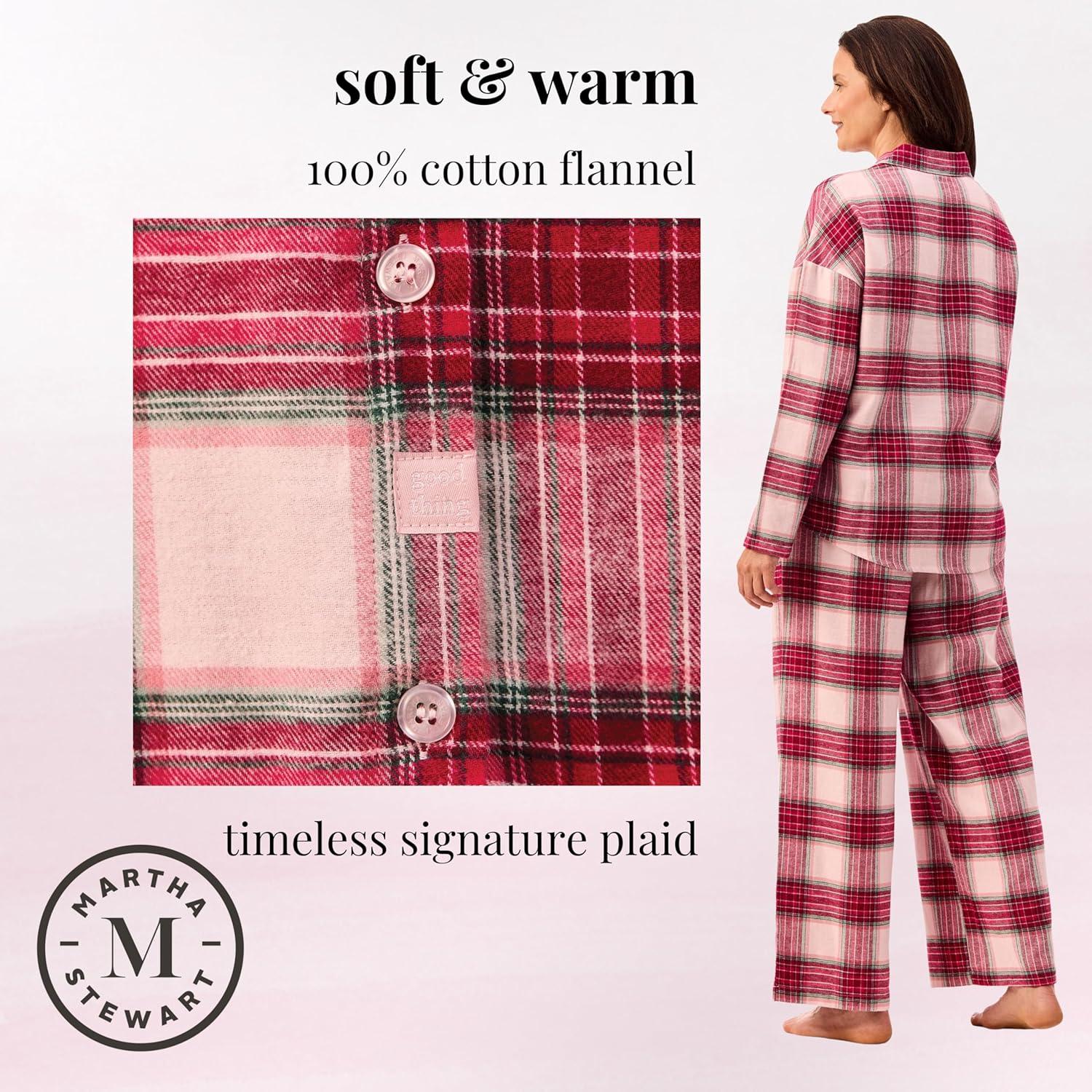 imageMartha Stewart Womens Flannel Pajama Set Classic 2Piece 100 Cotton Sleepwear Long SleevePlaid
