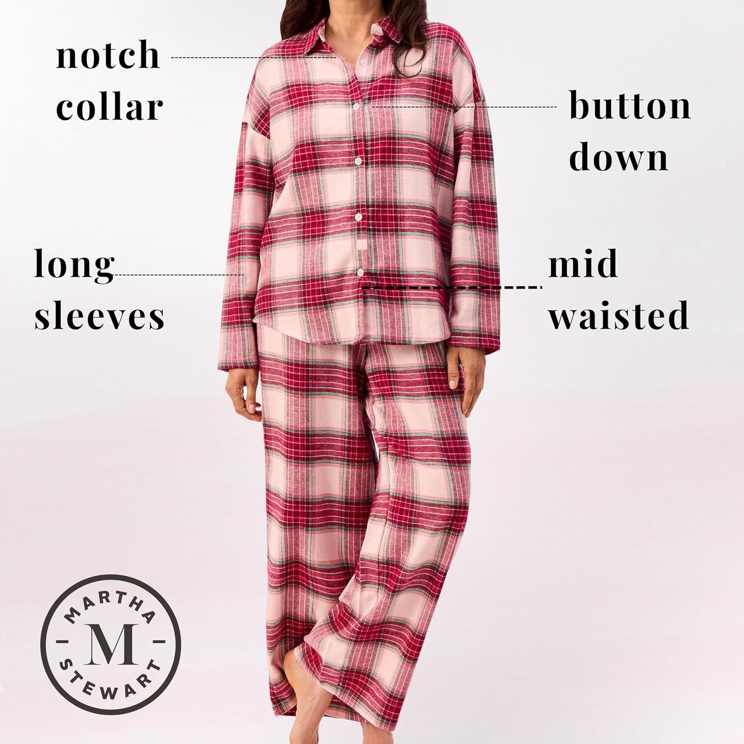 imageMartha Stewart Womens Flannel Pajama Set Classic 2Piece 100 Cotton Sleepwear Long SleevePlaid