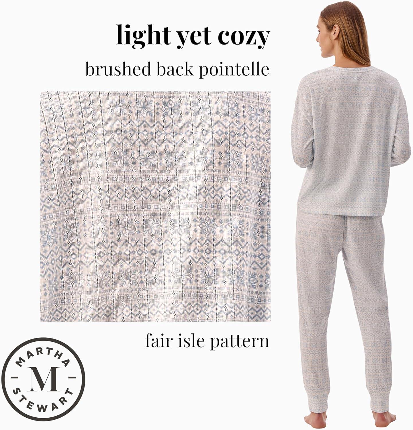 imageMartha Stewart Womens Henley Pajama Set 2Piece Long Sleeve Top and Jogger Pants Soft Breathable Pointelle SleepwearWhite