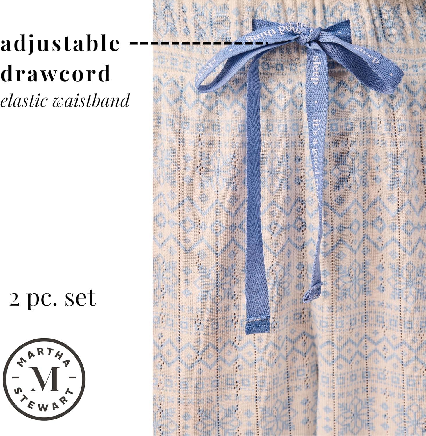 imageMartha Stewart Womens Henley Pajama Set 2Piece Long Sleeve Top and Jogger Pants Soft Breathable Pointelle SleepwearWhite