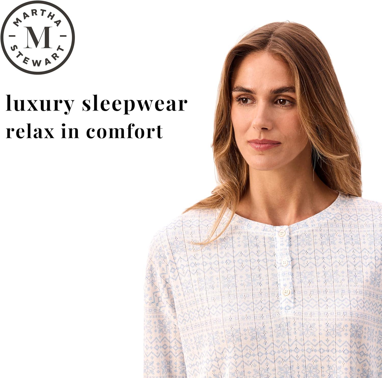 imageMartha Stewart Womens Henley Pajama Set 2Piece Long Sleeve Top and Jogger Pants Soft Breathable Pointelle SleepwearWhite