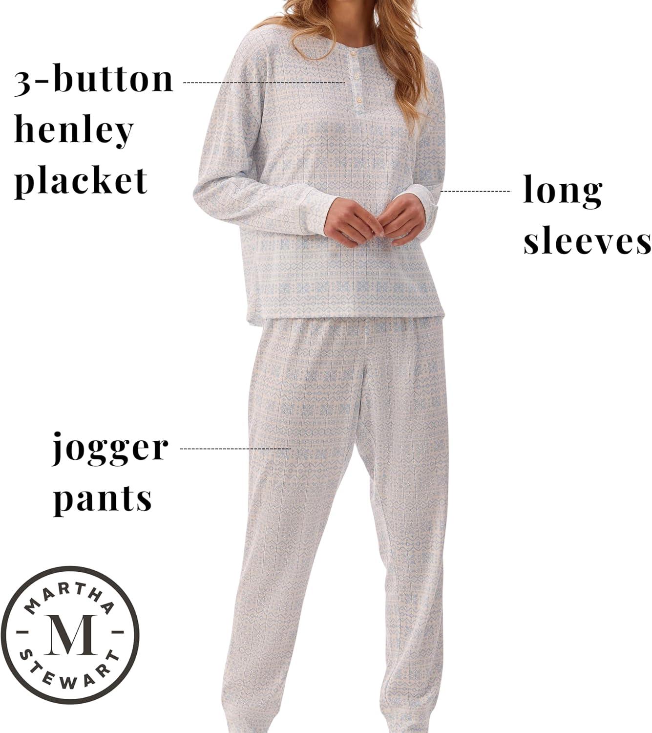 imageMartha Stewart Womens Henley Pajama Set 2Piece Long Sleeve Top and Jogger Pants Soft Breathable Pointelle SleepwearWhite