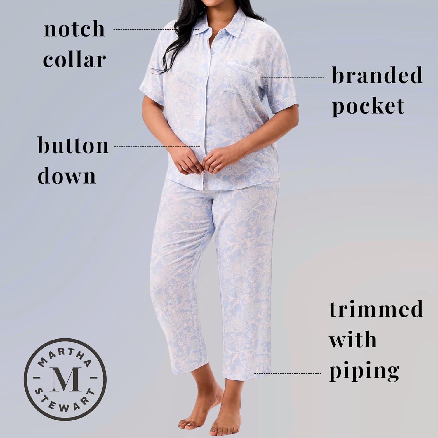 imageMartha Stewart Womens Pajama Capri Set Lightweight Sleepwear 2Pc Capri Pant and Notch Collar Short Sleeve Button DownDutch Canal