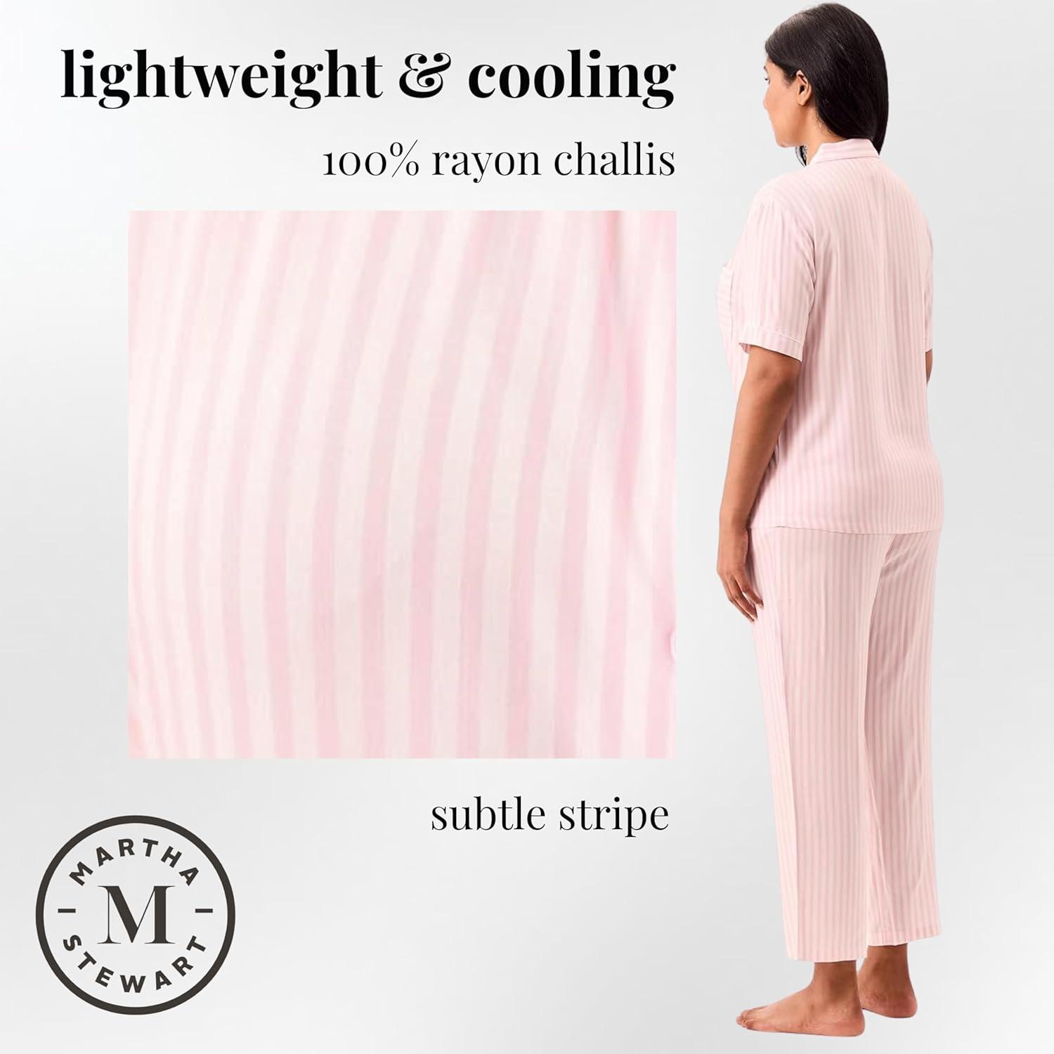 imageMartha Stewart Womens Pajama Capri Set Lightweight Sleepwear 2Pc Capri Pant and Notch Collar Short Sleeve Button DownParfait Pink