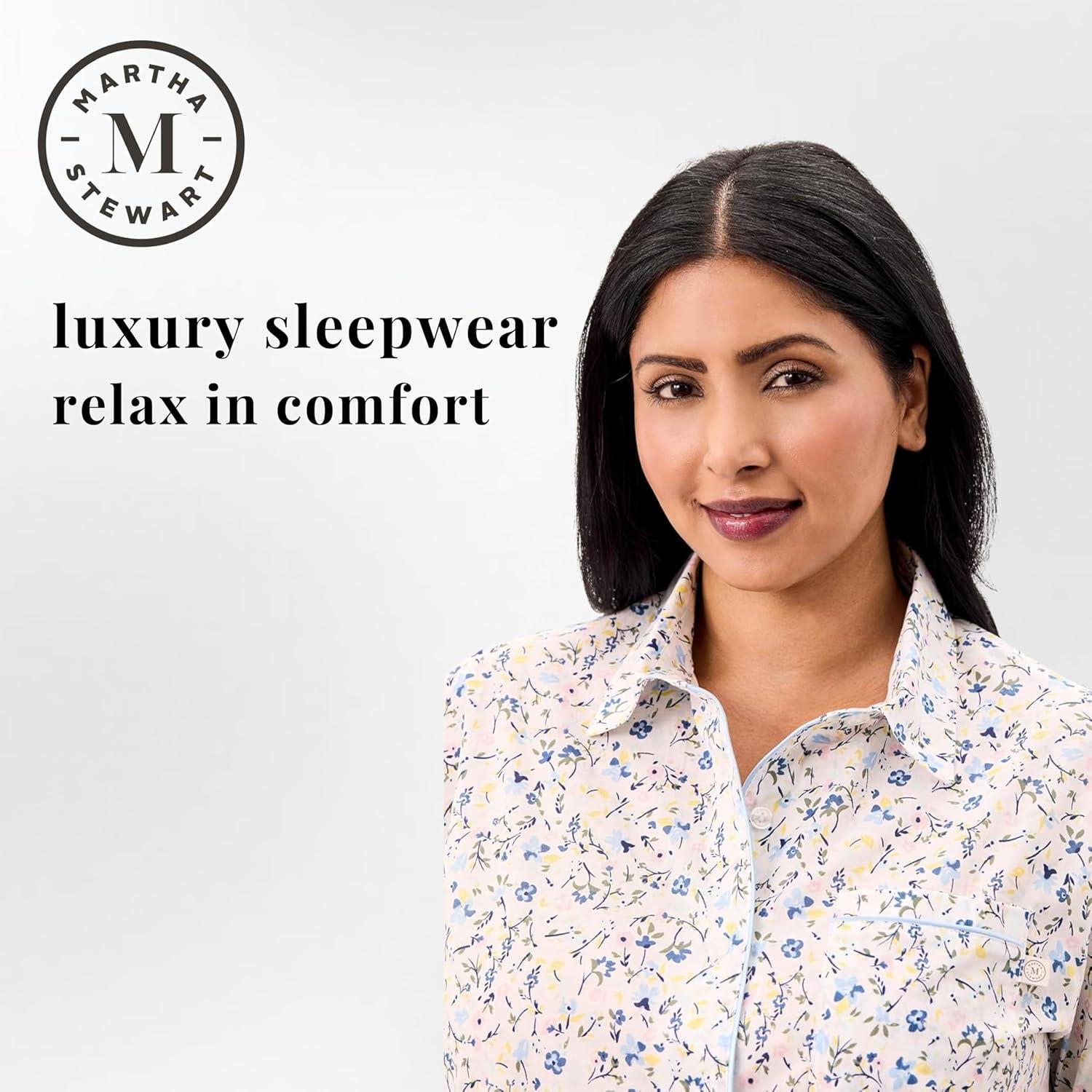 imageMartha Stewart Womens Poplin Pajama Set 2 pc Notch Collar Short Sleeve Top ampamp Pants Soft Cotton Breathable SleepwearBright White