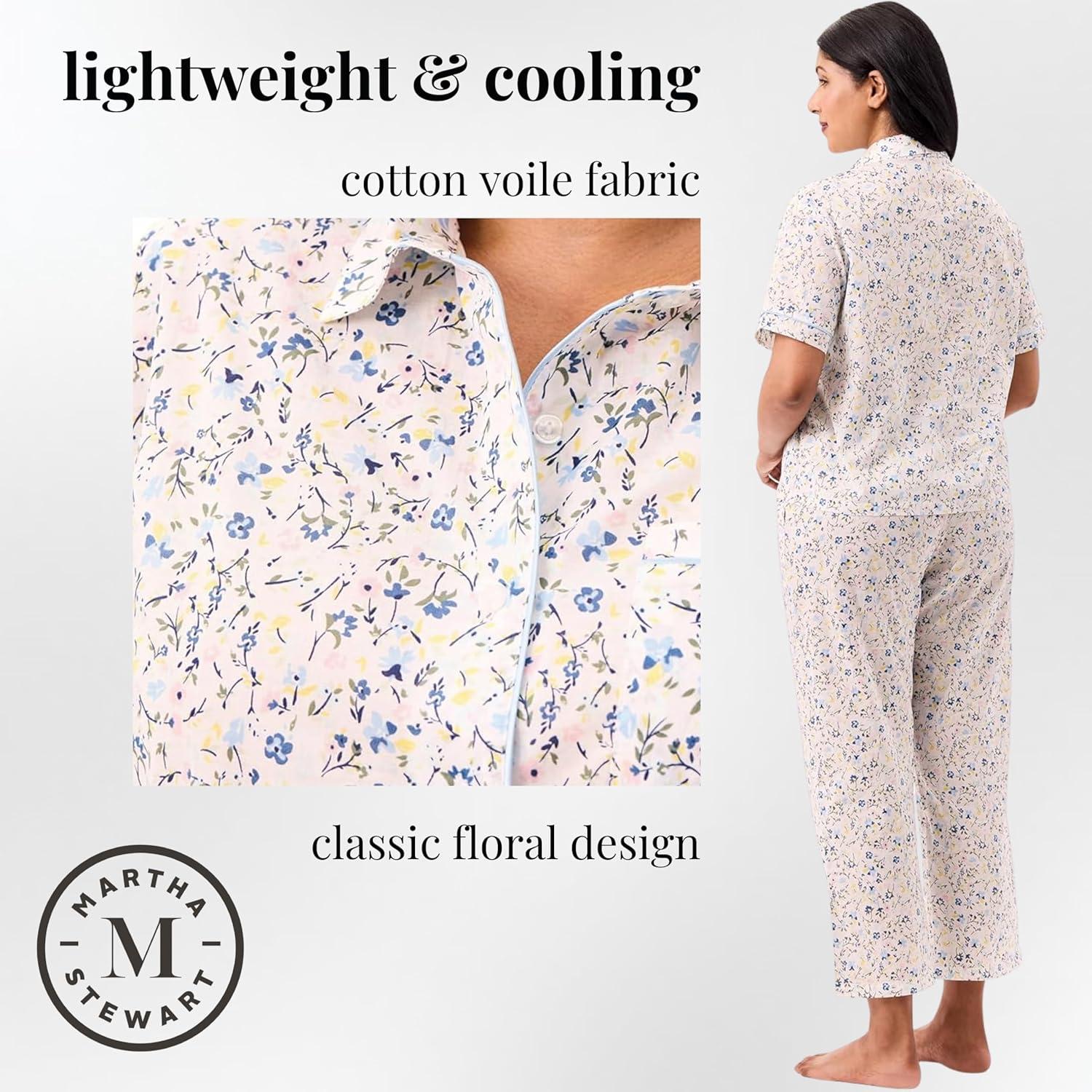 imageMartha Stewart Womens Poplin Pajama Set 2 pc Notch Collar Short Sleeve Top ampamp Pants Soft Cotton Breathable SleepwearBright White