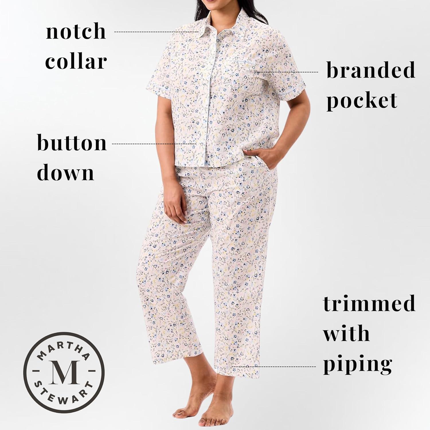 imageMartha Stewart Womens Poplin Pajama Set 2 pc Notch Collar Short Sleeve Top ampamp Pants Soft Cotton Breathable SleepwearBright White