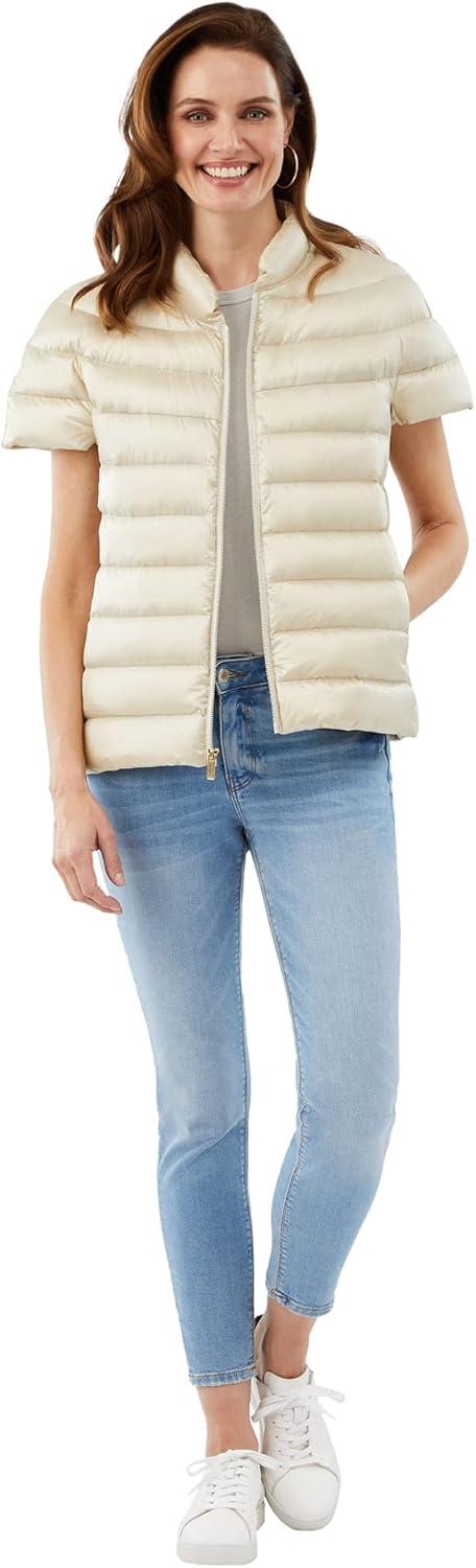 imageMartha Stewart Womens Quilted Down Puffer Vest Lightweight Short Sleeve Packable Jacket with Pockets Warm Winter OuterwearOat