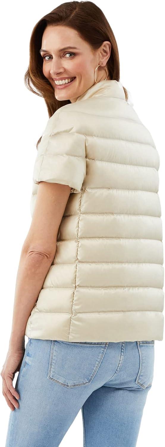 imageMartha Stewart Womens Quilted Down Puffer Vest Lightweight Short Sleeve Packable Jacket with Pockets Warm Winter OuterwearOat