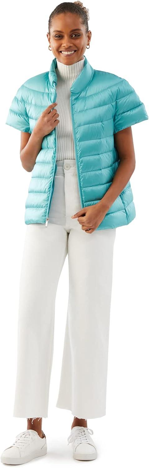 imageMartha Stewart Womens Quilted Down Puffer Vest Lightweight Short Sleeve Packable Jacket with Pockets Warm Winter OuterwearTurq Blue