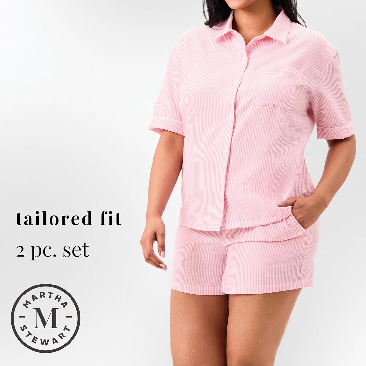imageMartha Stewart Womens Seersucker Pajama Set Short Sleeve Notch Collar Top ampamp Shorts Sleepwear Fuchsia Pink