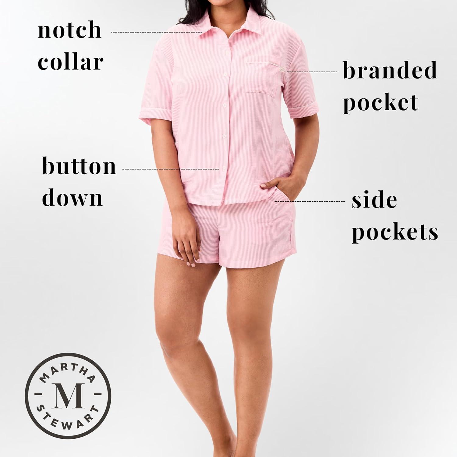 imageMartha Stewart Womens Seersucker Pajama Set Short Sleeve Notch Collar Top ampamp Shorts Sleepwear Fuchsia Pink
