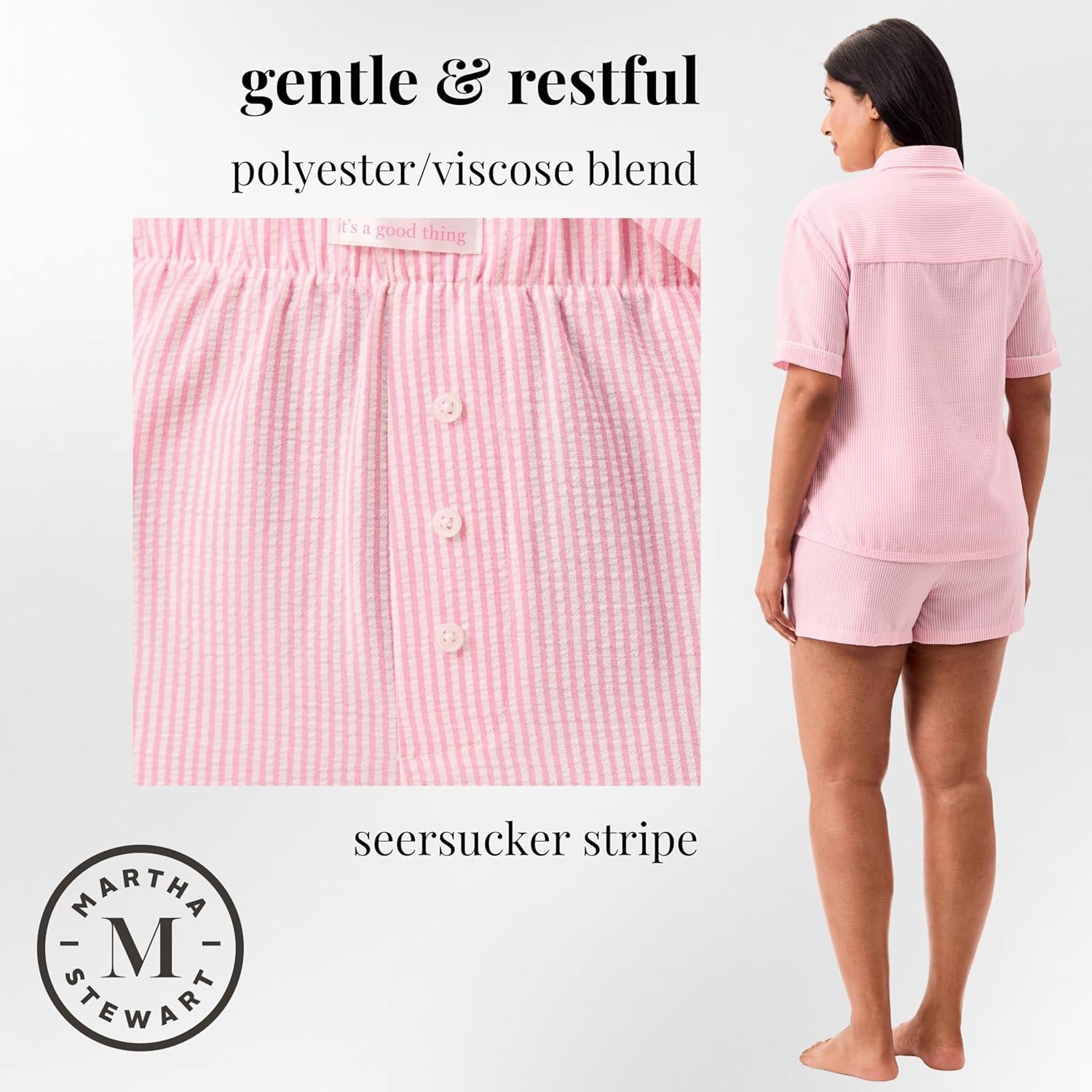 imageMartha Stewart Womens Seersucker Pajama Set Short Sleeve Notch Collar Top ampamp Shorts Sleepwear Fuchsia Pink
