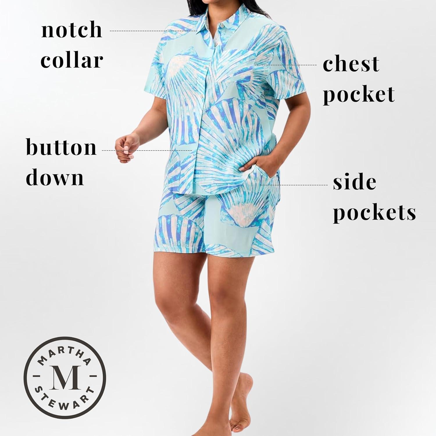 imageMartha Stewart Womens Short Sleeve Lightweight Pajama Set Notch Collar Top ampamp Shorts Soft Comfortable Rayon SleepwearSalt Air