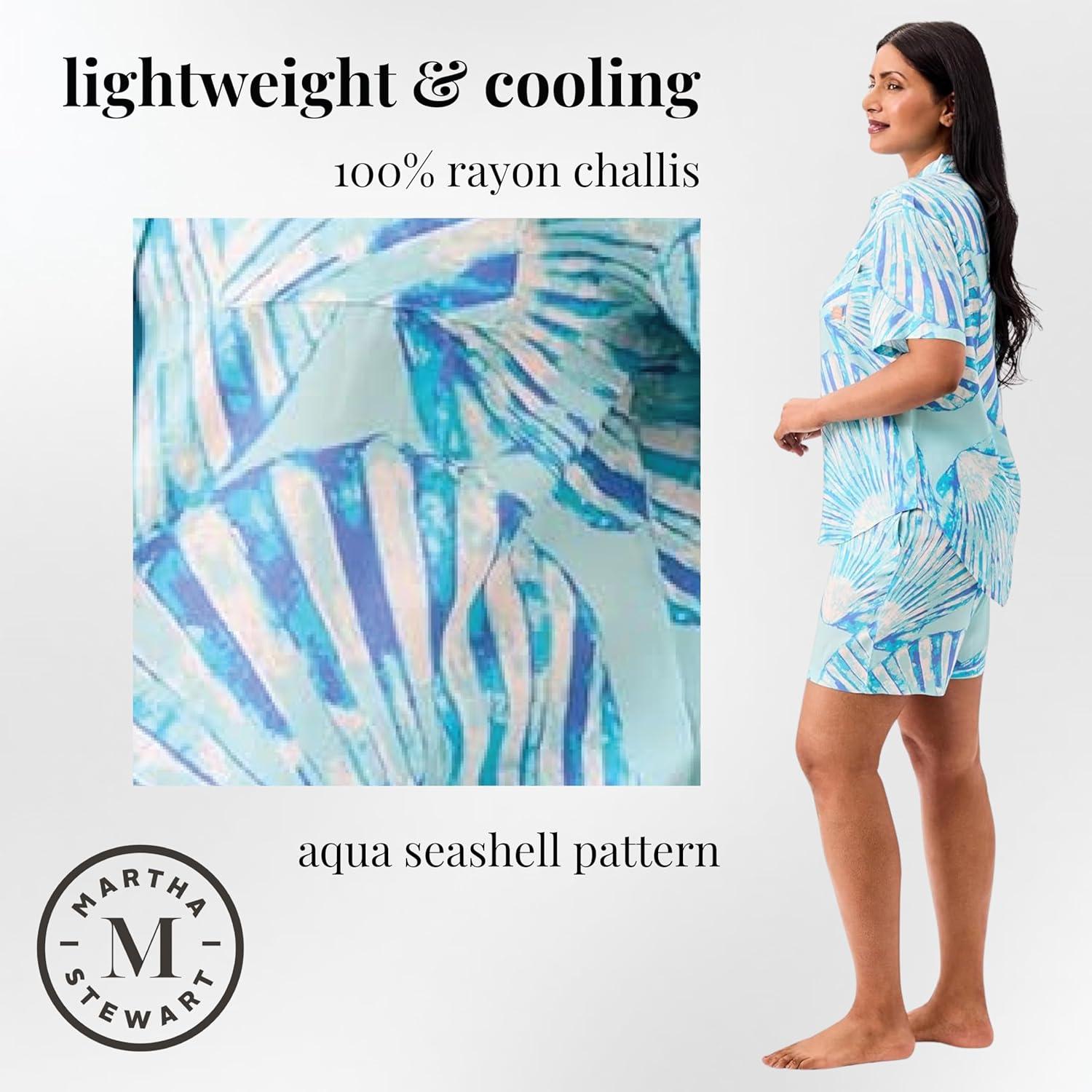imageMartha Stewart Womens Short Sleeve Lightweight Pajama Set Notch Collar Top ampamp Shorts Soft Comfortable Rayon SleepwearSalt Air