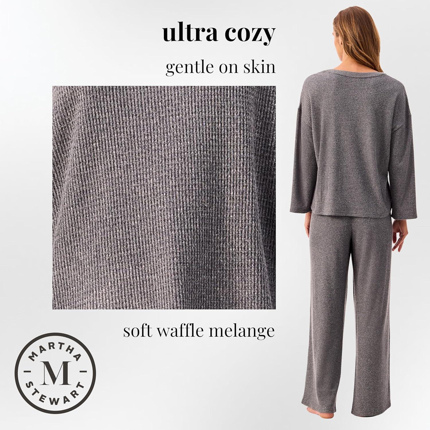 imageMartha Stewart Womens Soft ampamp Cozy Sleepwear 2Piece Waffle Knit Long Sleeve Pajama Lounge Set Relaxed FitGrey