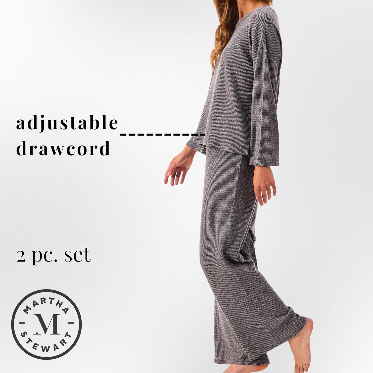 imageMartha Stewart Womens Soft ampamp Cozy Sleepwear 2Piece Waffle Knit Long Sleeve Pajama Lounge Set Relaxed FitGrey