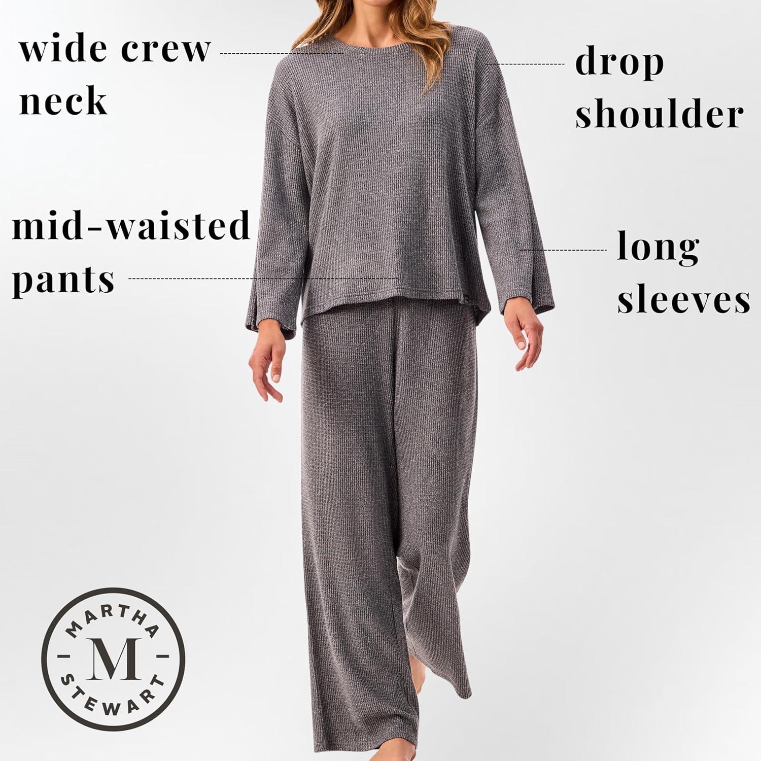 imageMartha Stewart Womens Soft ampamp Cozy Sleepwear 2Piece Waffle Knit Long Sleeve Pajama Lounge Set Relaxed FitGrey