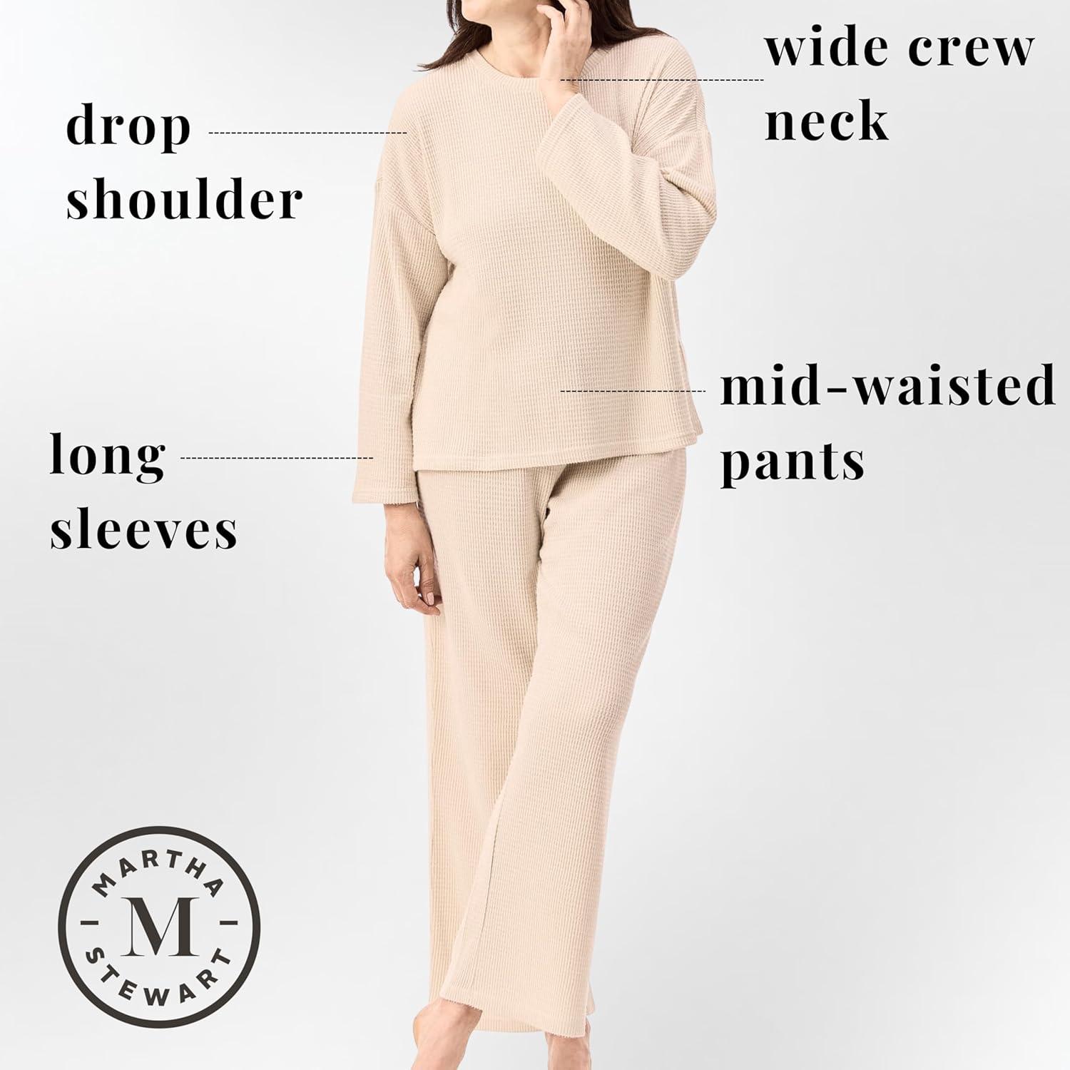 imageMartha Stewart Womens Soft ampamp Cozy Sleepwear 2Piece Waffle Knit Long Sleeve Pajama Lounge Set Relaxed FitTofu Melange