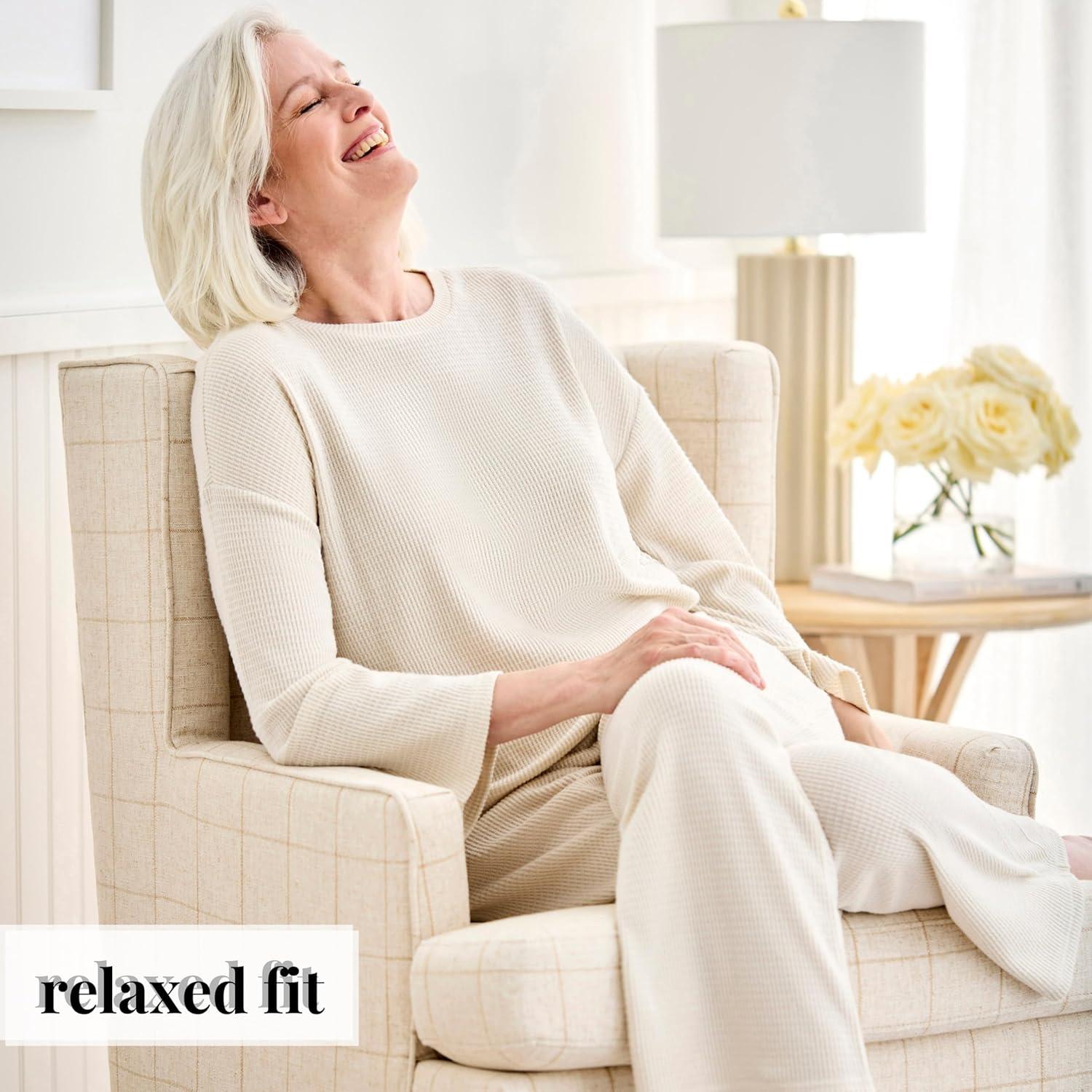 imageMartha Stewart Womens Soft ampamp Cozy Sleepwear 2Piece Waffle Knit Long Sleeve Pajama Lounge Set Relaxed FitTofu Melange