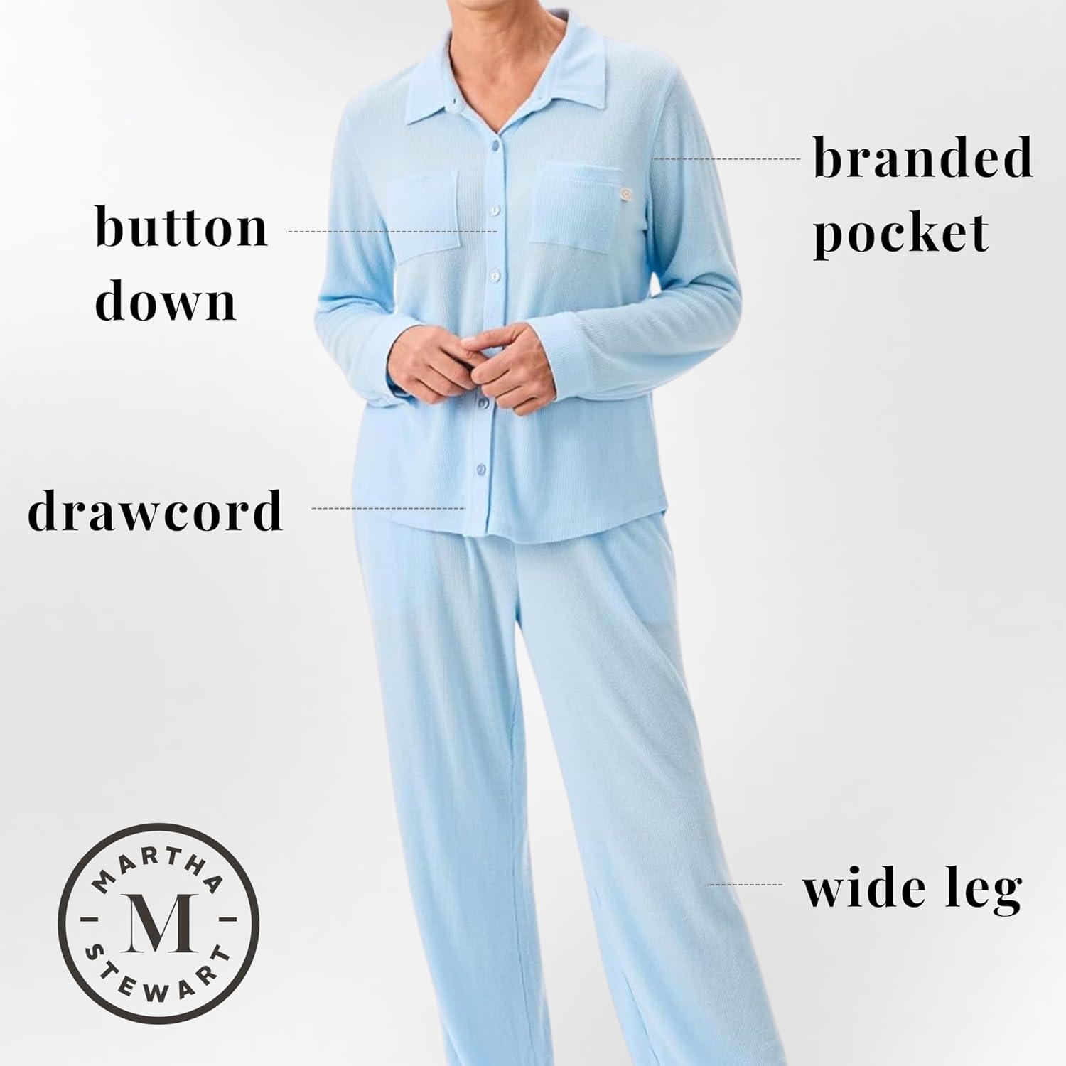imageMartha Stewart Womens Waffle Pajama Set 2Piece Long Sleeve Notch Collar ButtonDown Sleepwear Soft ampamp Cozy