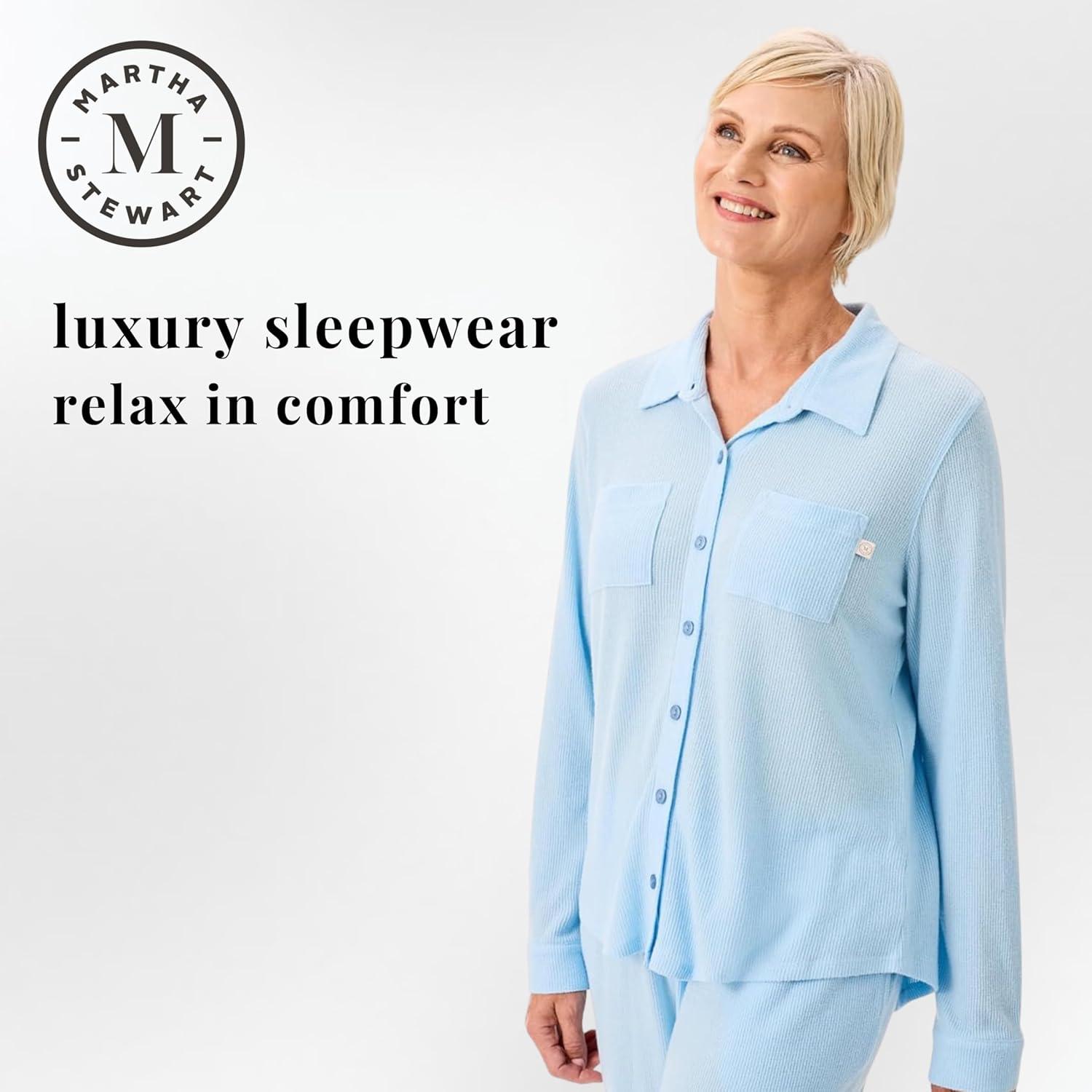 imageMartha Stewart Womens Waffle Pajama Set 2Piece Long Sleeve Notch Collar ButtonDown Sleepwear Soft ampamp Cozy