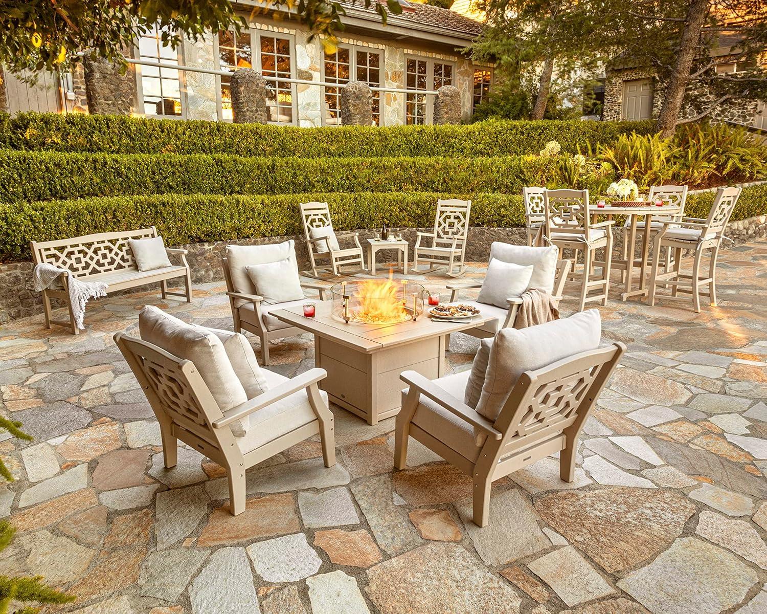 imageMartha Stewart by POLYWOOD Chinoiserie 5Piece Deep Seating Set with Fire Pit Table SandGlacier SpaSlate Grey Midnight Linen