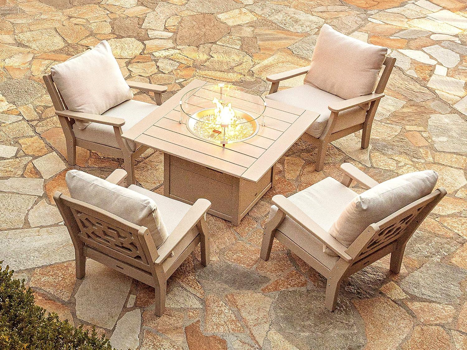 imageMartha Stewart by POLYWOOD Chinoiserie 5Piece Deep Seating Set with Fire Pit Table SandGlacier SpaSlate Grey Midnight Linen