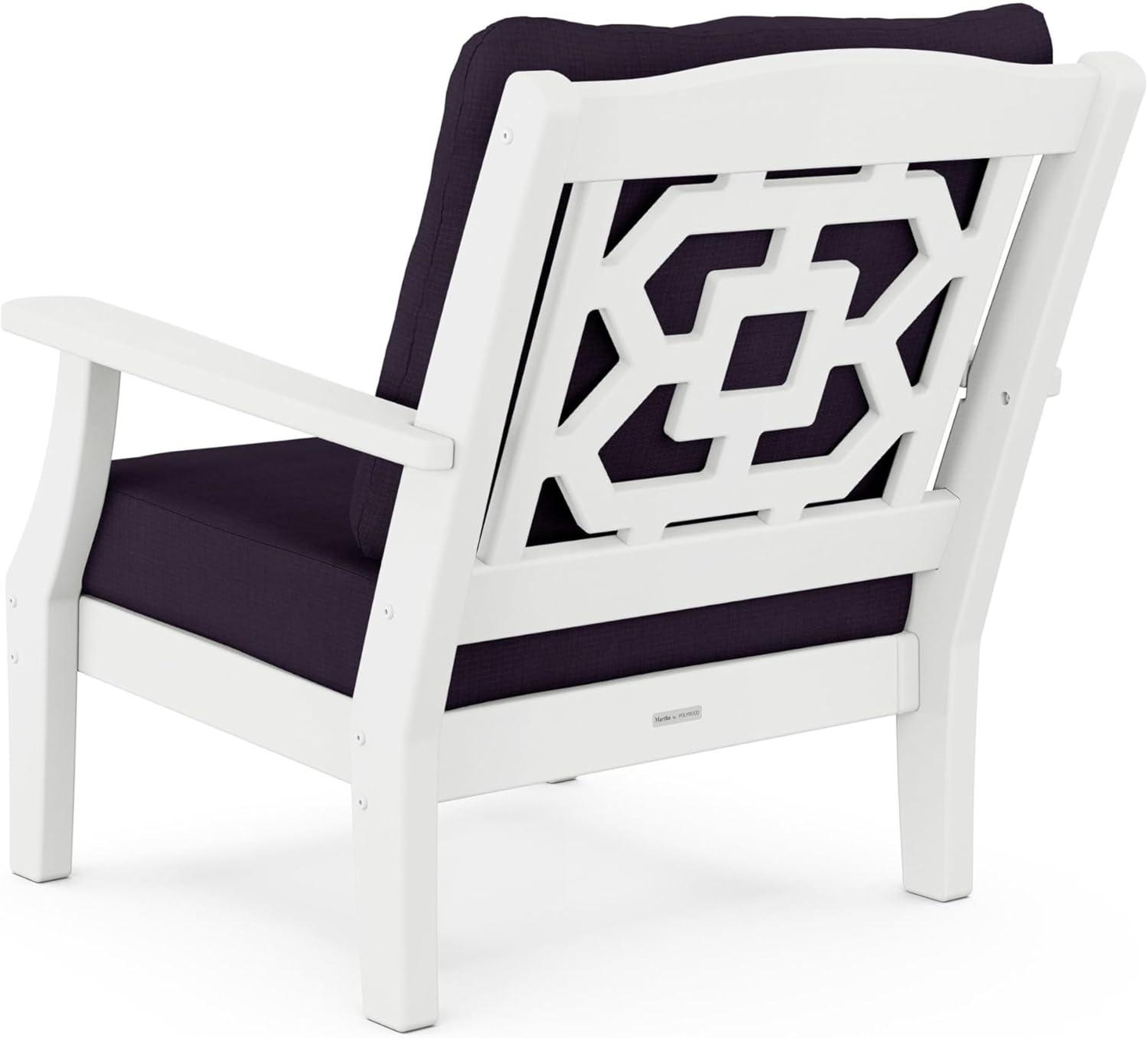 imageMartha Stewart by POLYWOOD Chinoiserie 5Piece Deep Seating Set with Fire Pit Table SandGlacier SpaWhite Navy Linen