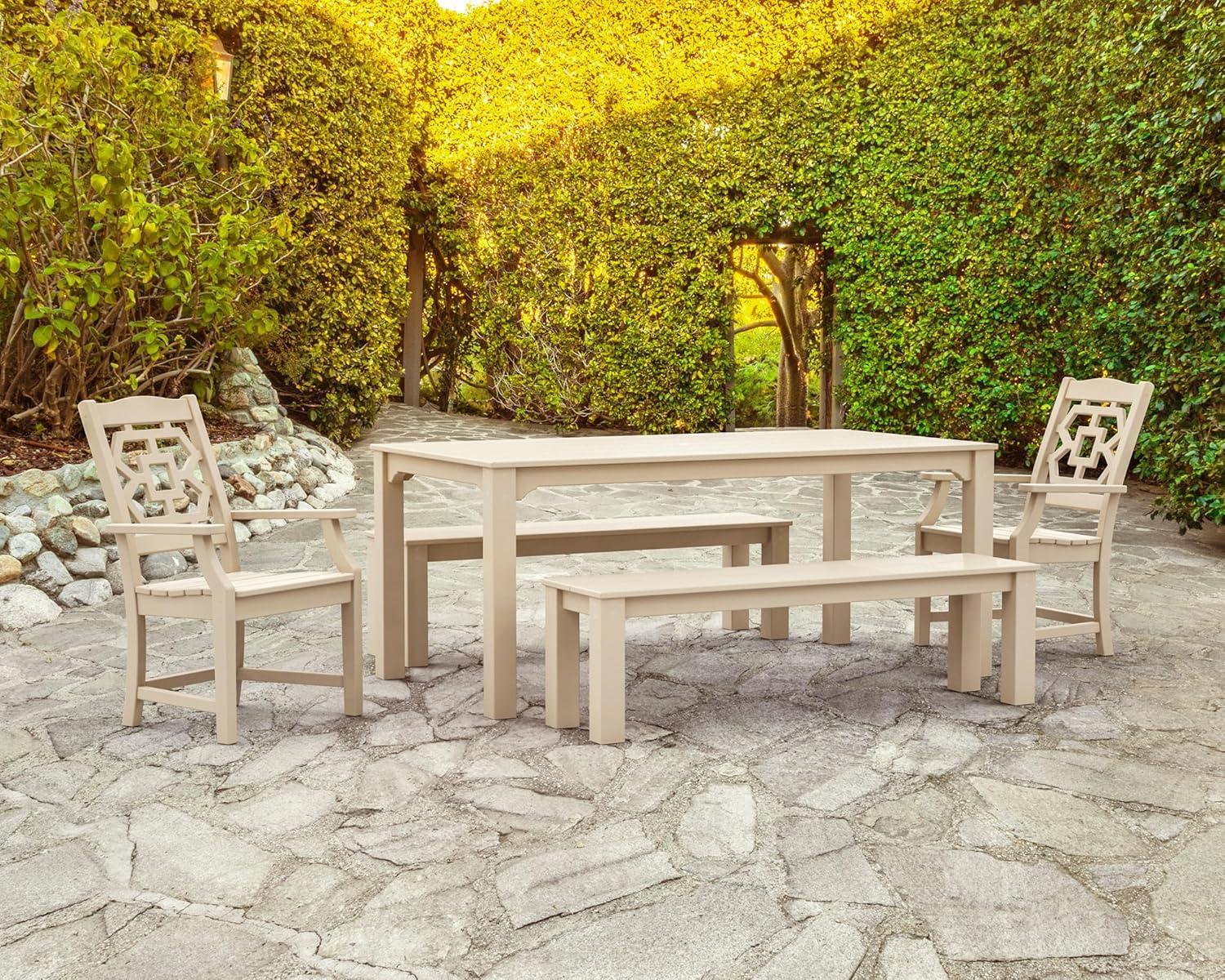 imageMartha Stewart by POLYWOOD Chinoiserie 5Piece Parsons Dining Set with Benches Exclusive in Slate GreyTeak