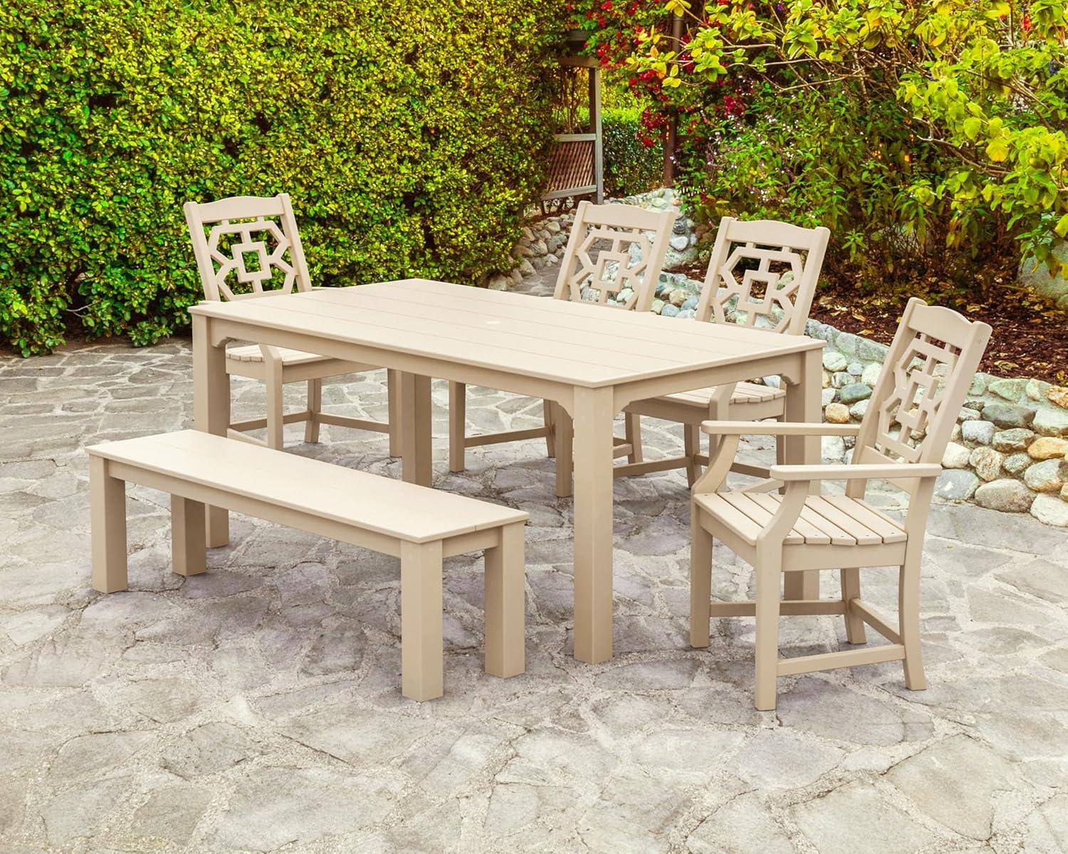 imageMartha Stewart by POLYWOOD Chinoiserie 6Piece Parsons Dining Set with Bench Exclusive in MahoganyTeak