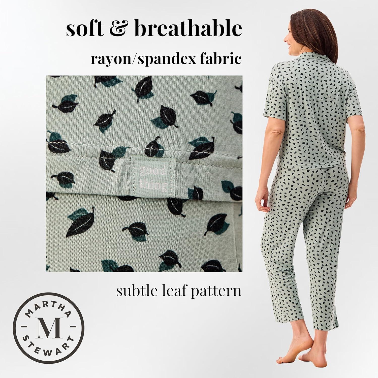 imagePeace Love ampamp Dreams Martha Stewart Womens Capri Pajama Set Lightweight Rayon Sleepwear Short SleeveGreen Leaf