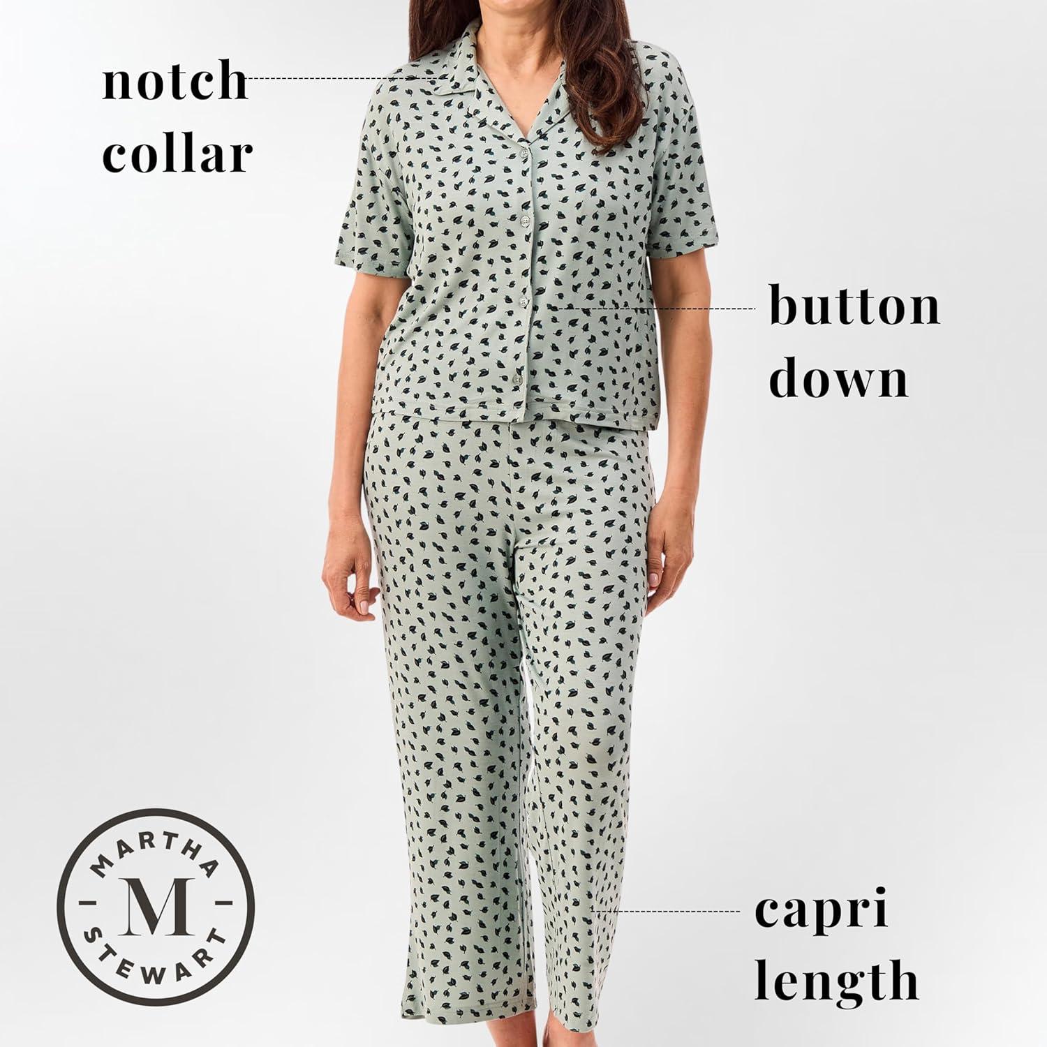 imagePeace Love ampamp Dreams Martha Stewart Womens Capri Pajama Set Lightweight Rayon Sleepwear Short SleeveGreen Leaf