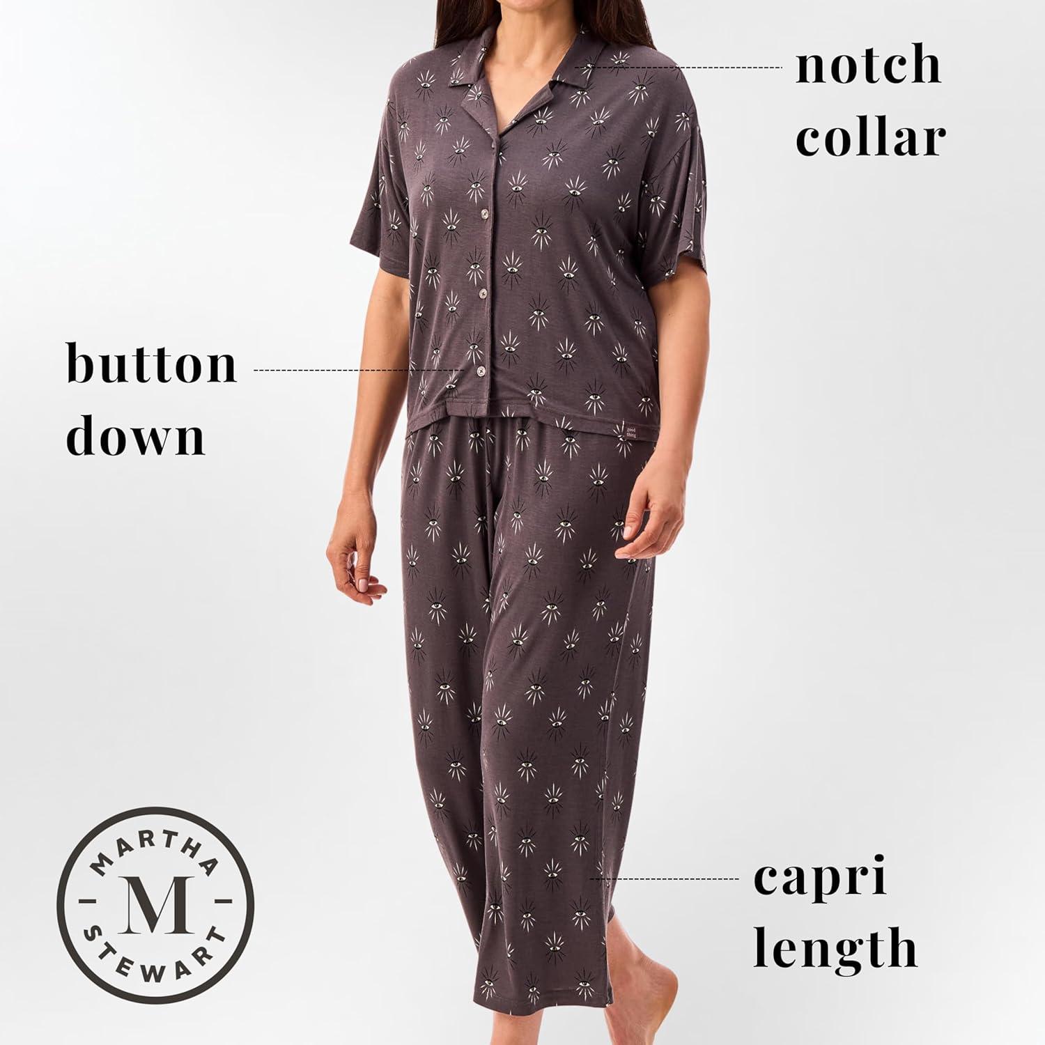 imagePeace Love ampamp Dreams Martha Stewart Womens Capri Pajama Set Lightweight Rayon Sleepwear Short SleeveTonal Grey