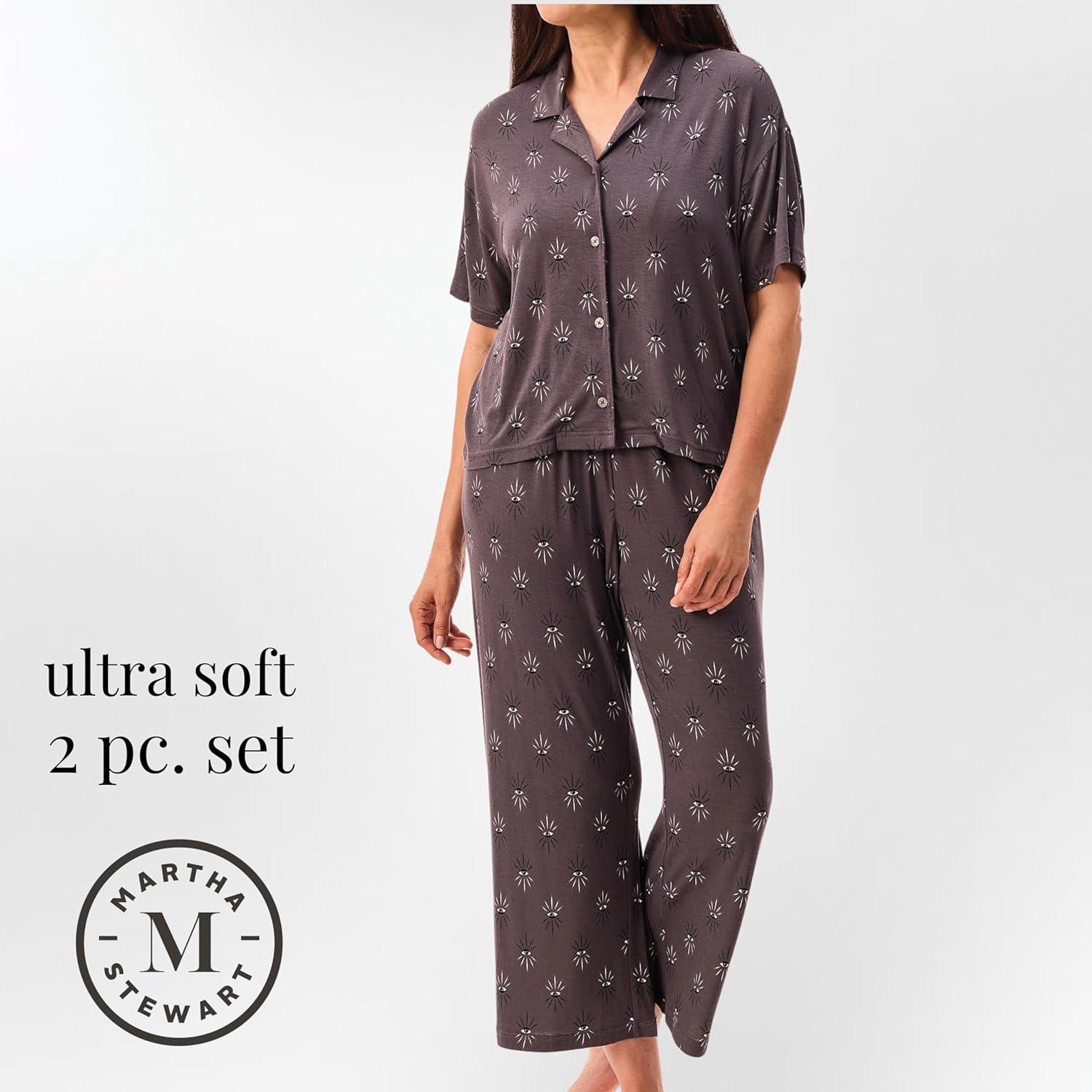 imagePeace Love ampamp Dreams Martha Stewart Womens Capri Pajama Set Lightweight Rayon Sleepwear Short SleeveTonal Grey