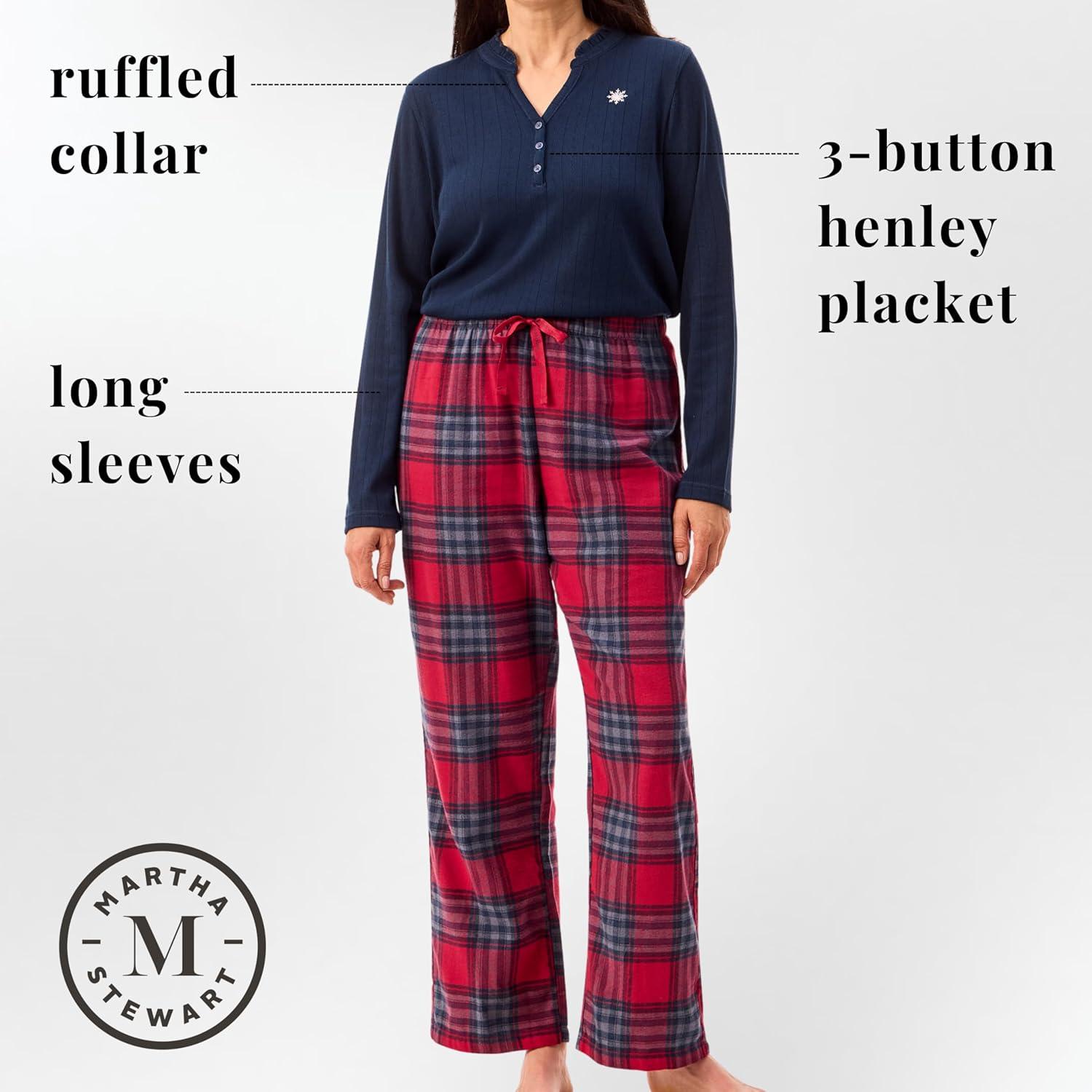 imagePeace Love ampamp Dreams Martha Stewart Womens Henley Flannel Pajama Set 2Piece Long Sleeve Top and Pants