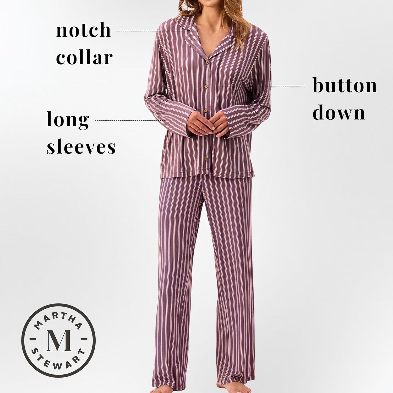 imagePeace Love ampamp Dreams Martha Stewart Womens Silky Pajama Set 2Piece Soft Rayon Long SleeveSoft Stripe